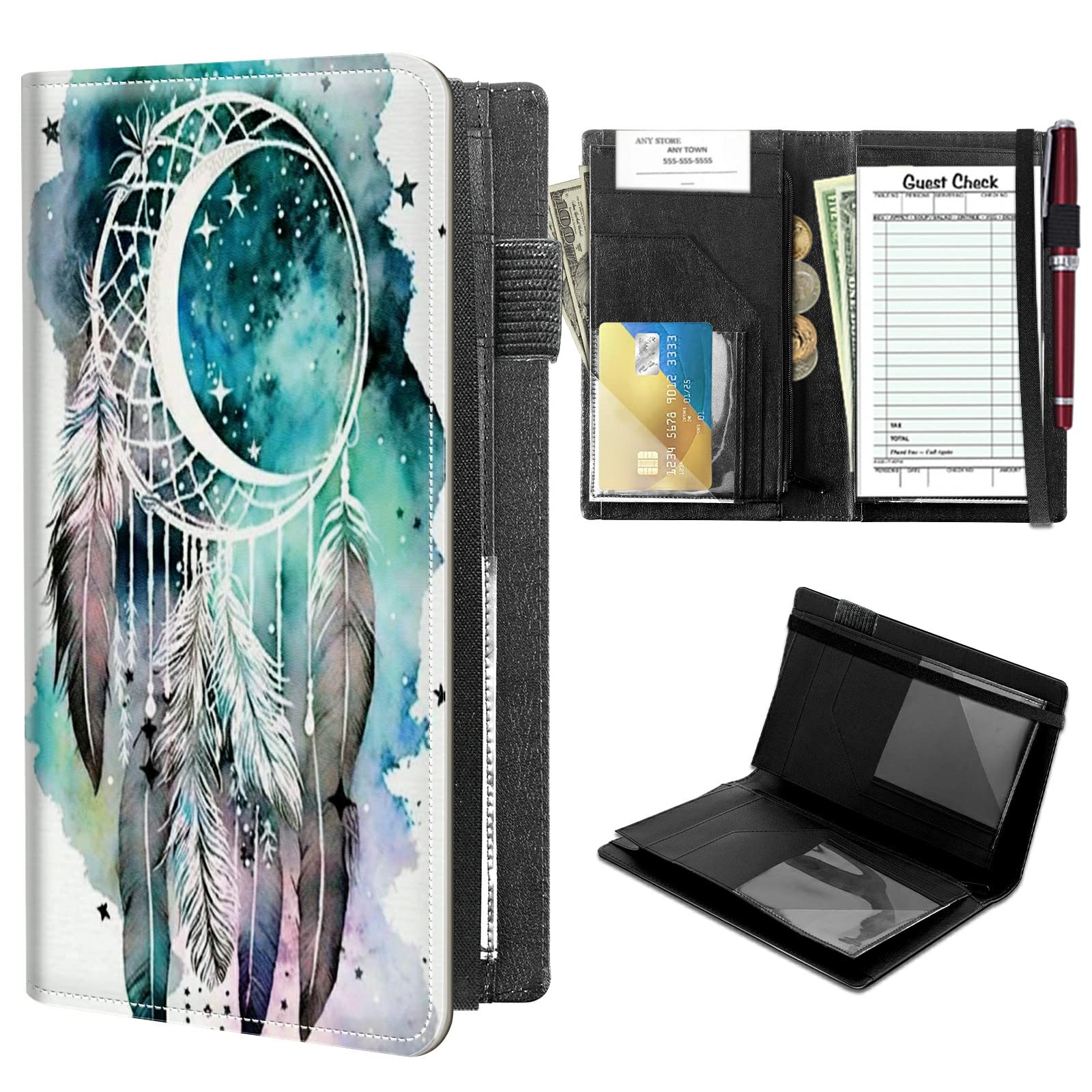 High Volume Server Books, Dreamcatcher Server Book w/ 2 Expandable Pockets 9 x 5 Cute Waitress Book Zipper Pocket & Strap Closure Waitstaff Organizer Server Booklet Waiter Money Wallet