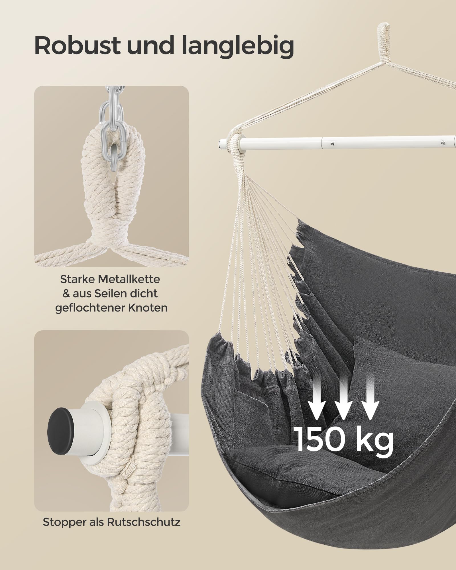 SONGMICS Hängesessel, Hängeschaukel, Hängestuhl mit 2 Kissen, Metallkette, bis 150 kg belastbar, Indoor und Outdoor, Wohnzimmer, Schlafzimmer, schiefergrau GDC197G02