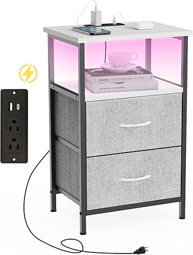 Innerjoin Mesita de noche con estación de carga puertos USB A y C, mesita de noche LED con 2 cajones y estante de almacenamiento, soporte de cama