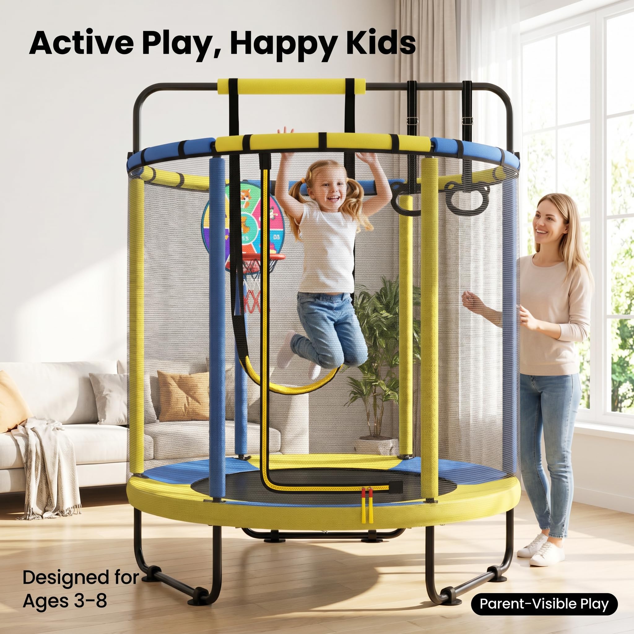 Trampolino per bambini, trampolino da interno per bambini, con cestino da basket, altalena, anello di trazione, adatto per interni ed esterni, adatto per bambini, regalo di compleanno