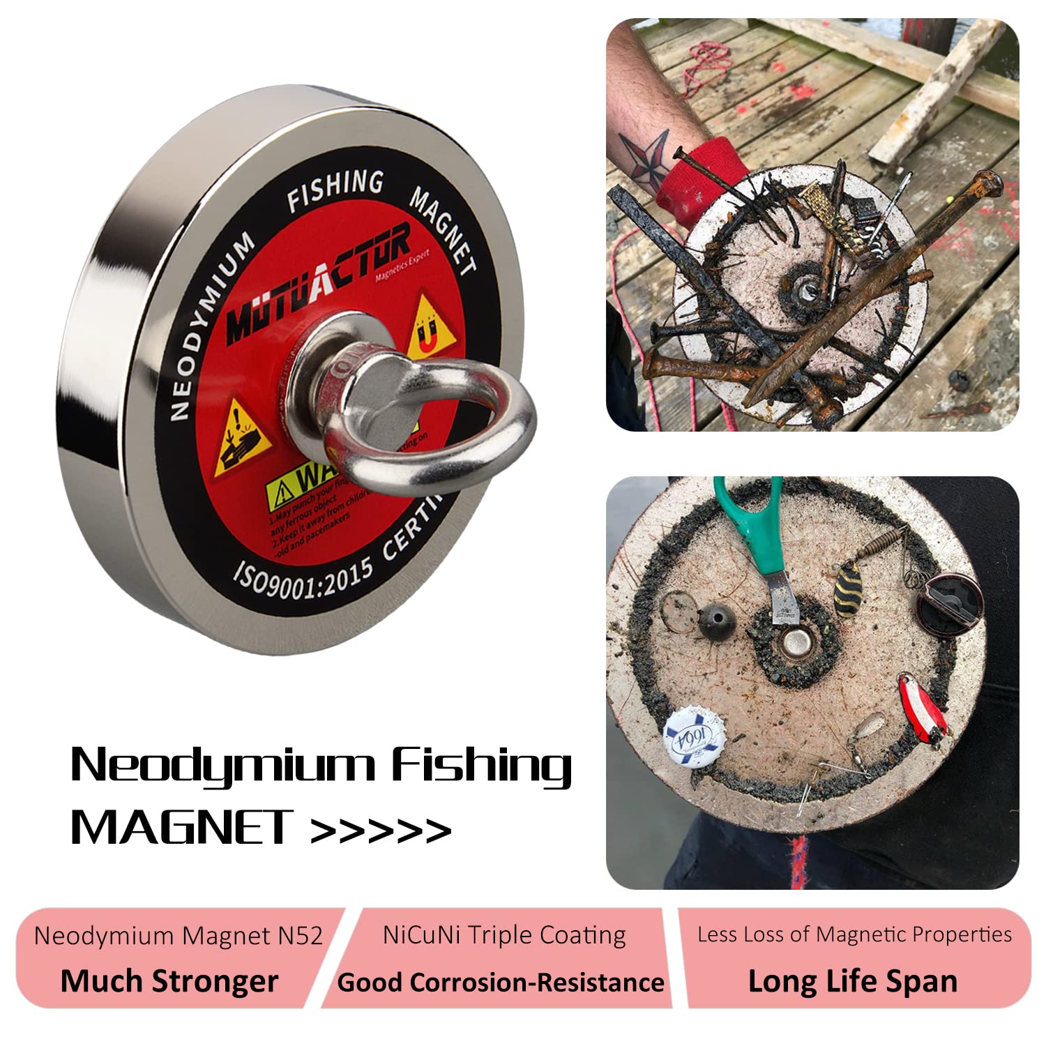 MUTUACTOR Magnete da pesca al neodimio Pull-Force da 510kg, potente magnete di richiamo N52 con corda resistente 15 m,guanti e borsa per il trasporto,magnete magnetico robusto per la caccia al tesoro