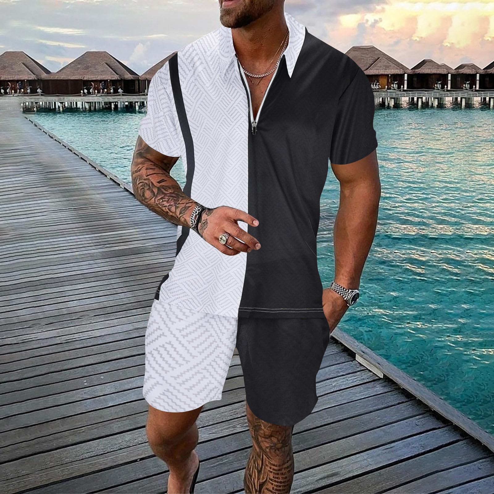 Herren Sportanzug Gedruckte Sommer Trainingsanzug Gestreift Laufen und Herrenshorts Atmungsaktives Fitnessanzug mit Reißverschluss lässigem Polohemd Set Funktionsanzug für Party Strand