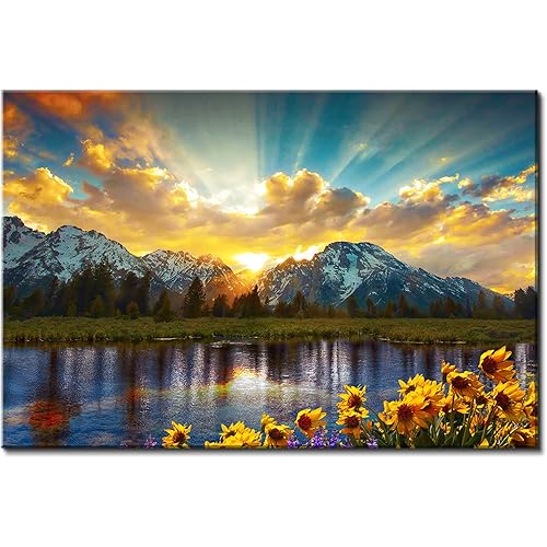 Nature Mountain Wall Art for Living Room, National Park Sunflower Landscape Canvas Picture Wall Decor 12x16, Sunset Grand Teton Lake Prints Painting Framed Artwork for Kitchen Bedroom Home Decoration