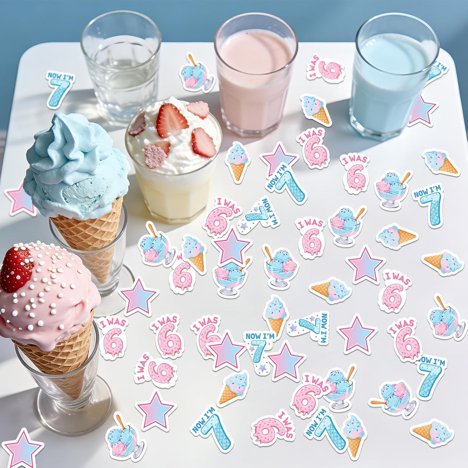 200Pcs 6-7 Six Seven Confetti,Donut Theme Six Seven Birthday Table Confetti, I Was 6 Now I'm 7 Paper Scatters for 7th Birthday/Anniversary Party Table Decoration