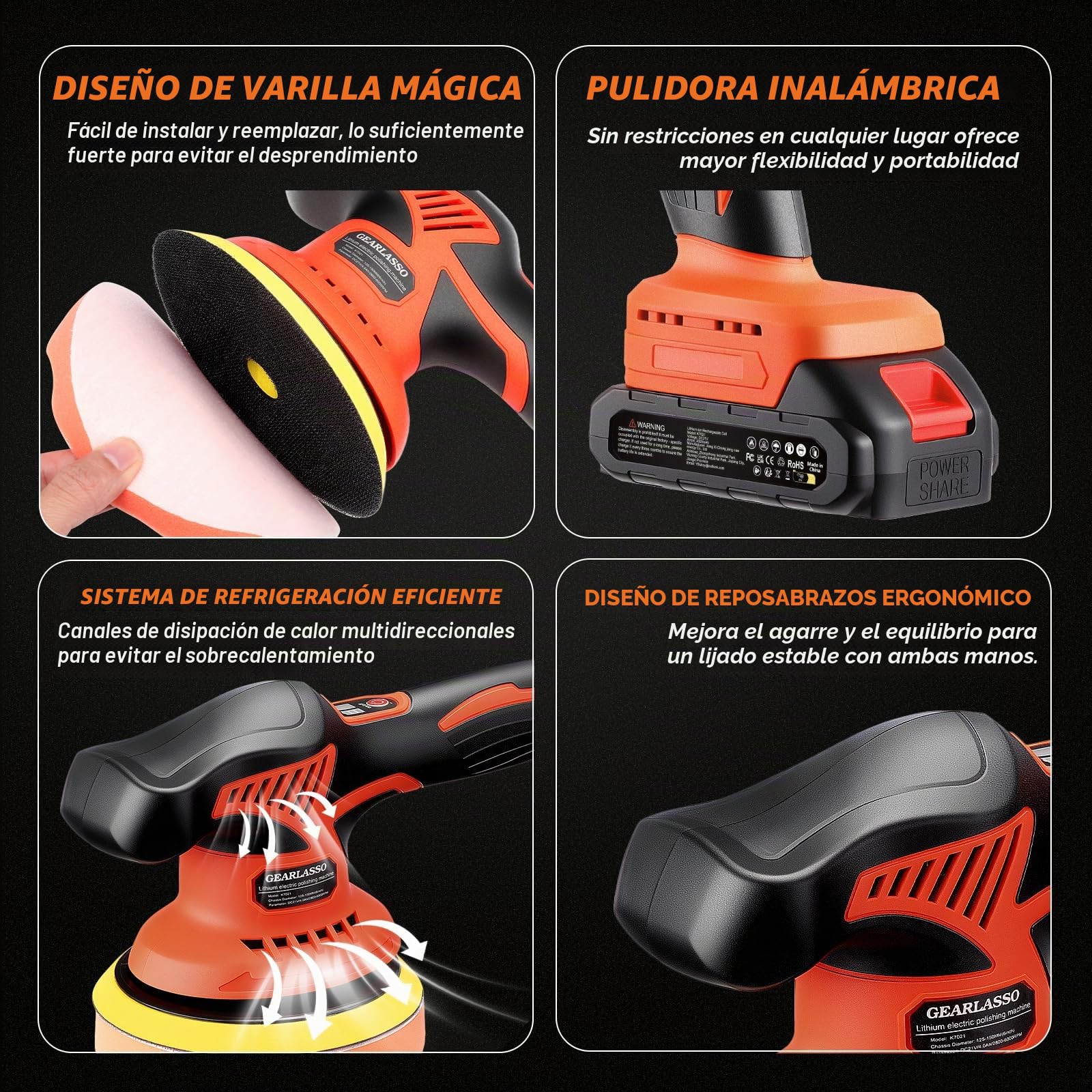Pulidor inalámbrico para coche, 8 velocidades variables, 2800-6000 rpm, con 2 baterías 21V 2.0Ah y kit de pulido de 17 piezas para eliminar arañazos