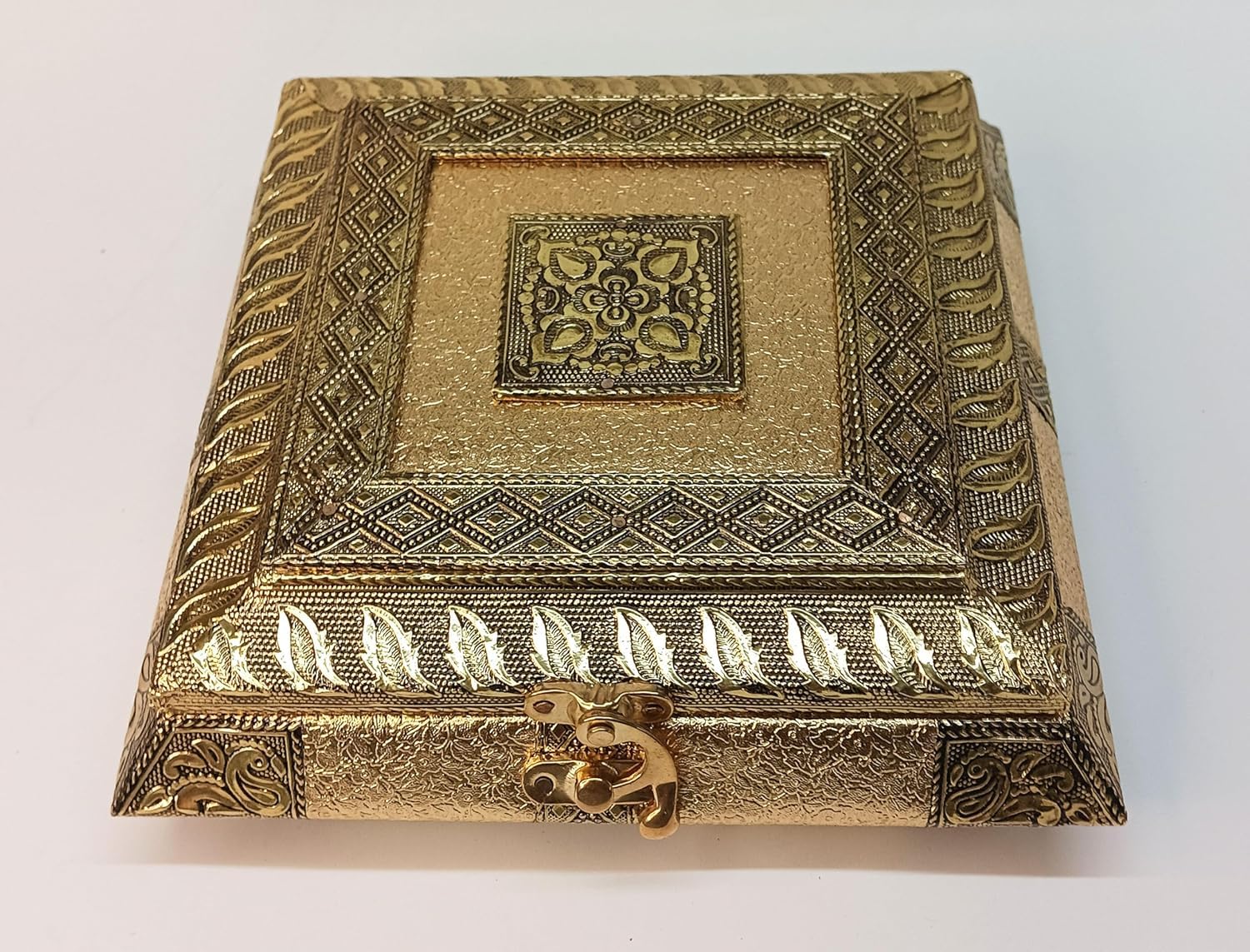 SGR Squre Designer, Decorative, Handicraft Empty Dry Fruit Gift Box/Marrige Gift Box/Wooden Dry Fruit Box/Sweets Box/Gift Box, Supari Box (Four Section Box) Golden, Square8x8 INCHES (8x8 Inches)