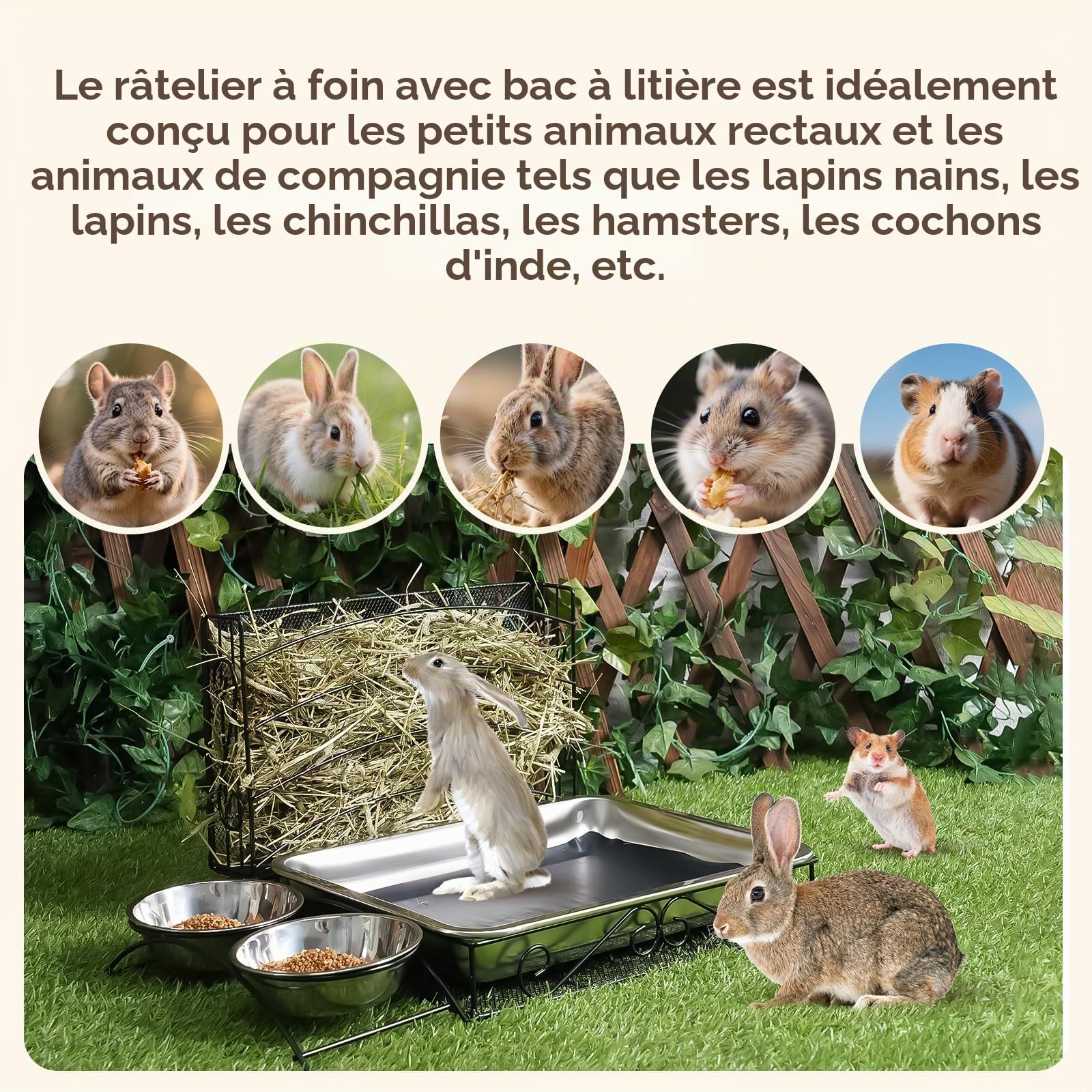 Mangeoire 3-en-1 pour lapin, foin avec bac à litière en acier inoxydable, 2 gamelles, râtelier à foin