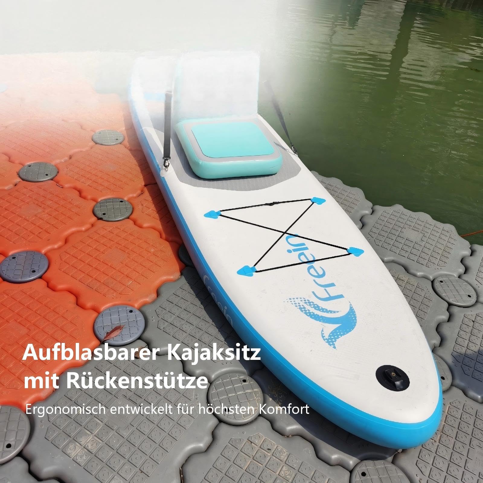 FREEIN Aufblasbarer SUP Sitz mit 4" Drop-Stitch Technologie | Hochdruck Sitzkissen bis 7 PSI für SUP & Kajak | Ergonomische Rückenlehne, verstellbare Gurte, Aufbewahrungstasche