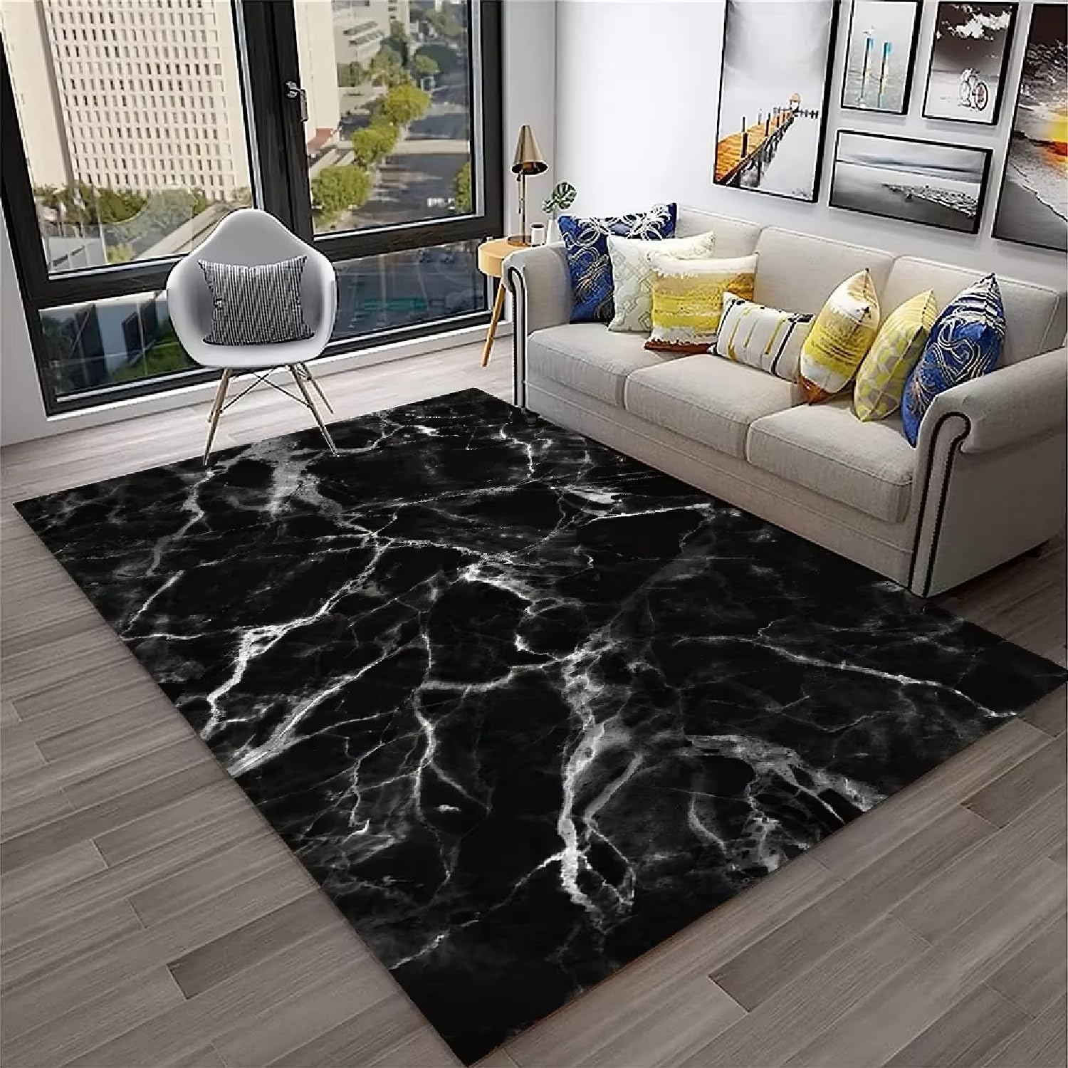 Tapis Marbre Noir Blanc, Style Moderne, Doux, Flanelle, Antidérapant, Lavable, pour Salon, Chambre À Coucher, Décoration D'intérieur (Couleur 1,160x230cm)