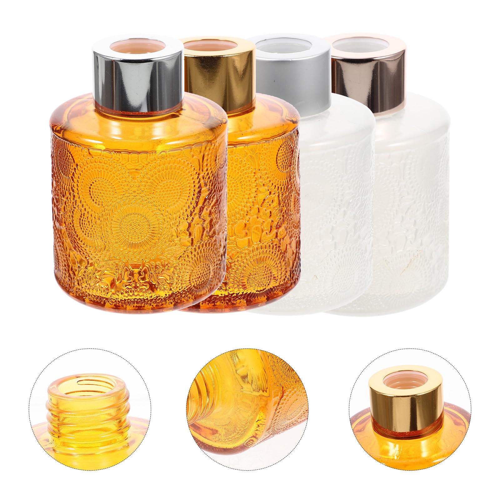 4 Stück Pack Geprägte Dekorative Glas Parfümflakons mit Weitem Mund Elegantes Design für Duftdiffusor und Wohnraumdekoration Zufällige Farbe