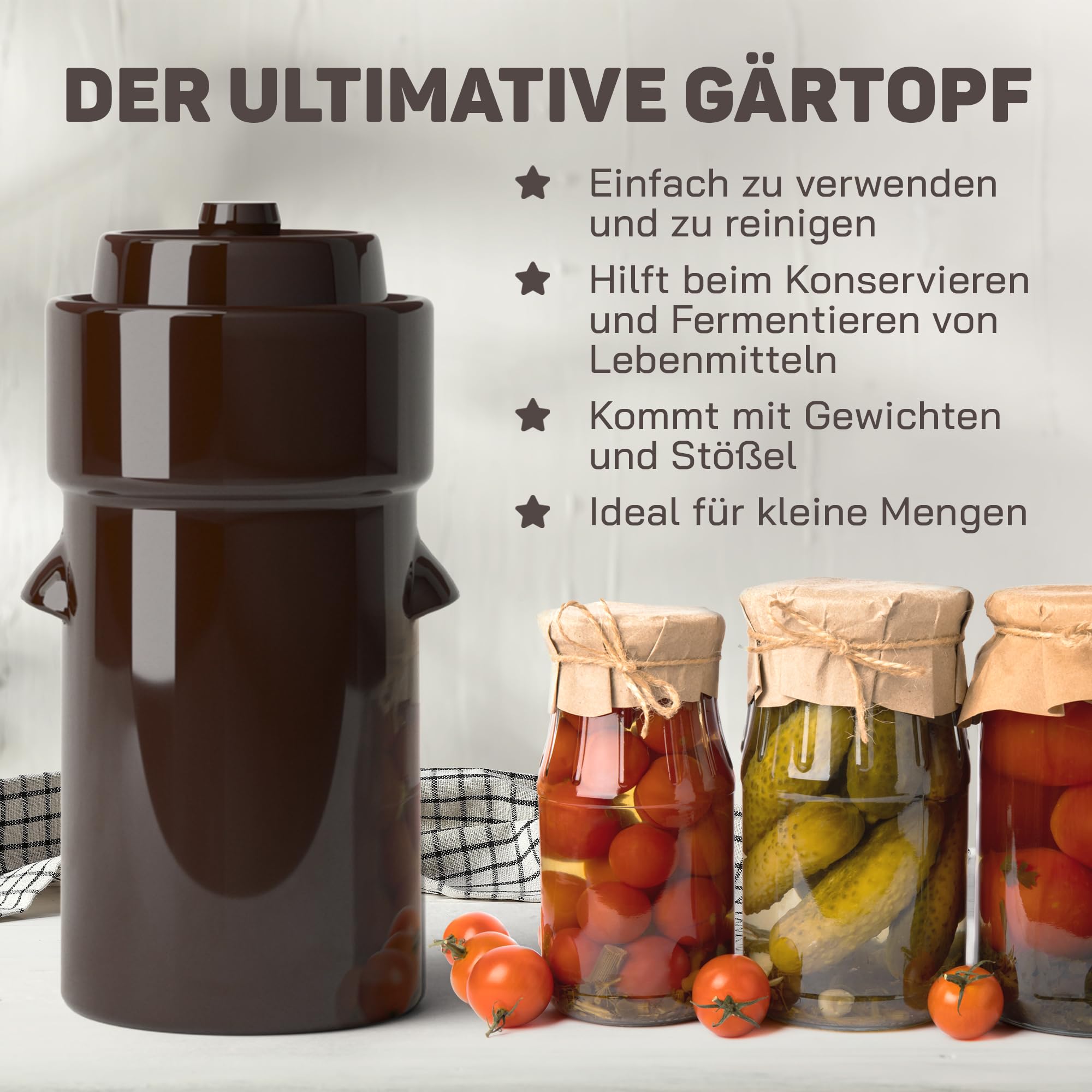 Sauerkrauttopf 4 Liter - Gärtopf zum Einlegen & Fermentieren | Mit Deckel, Krautstampfer & Fermentiergewichte – Gurkentopf Steintopf für Sauerkraut, Kimchi, Gurken - Steingut