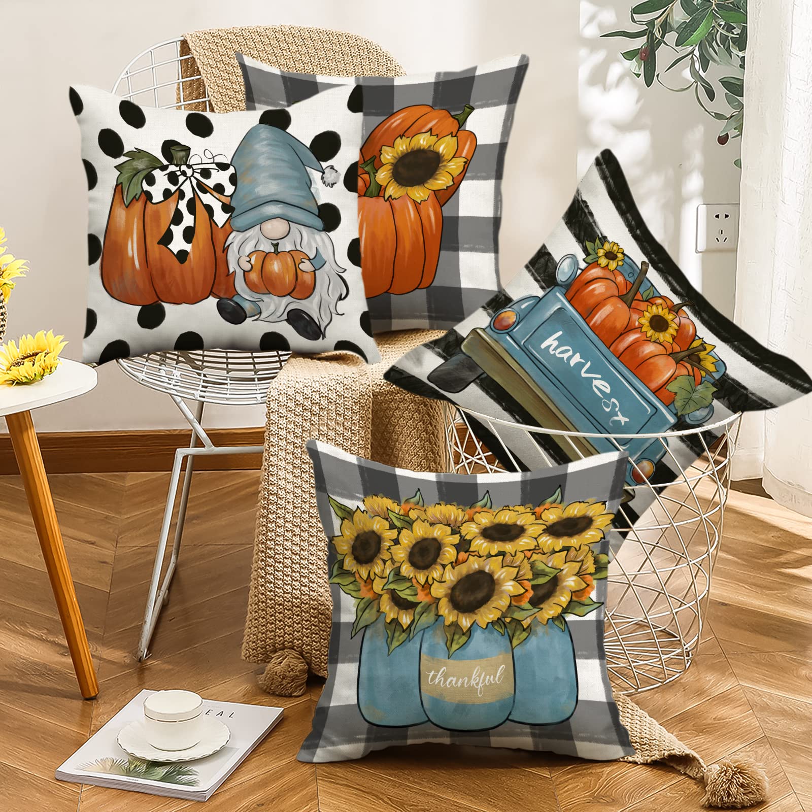 Set di 4 federe decorative per cuscini autunnali con zucche