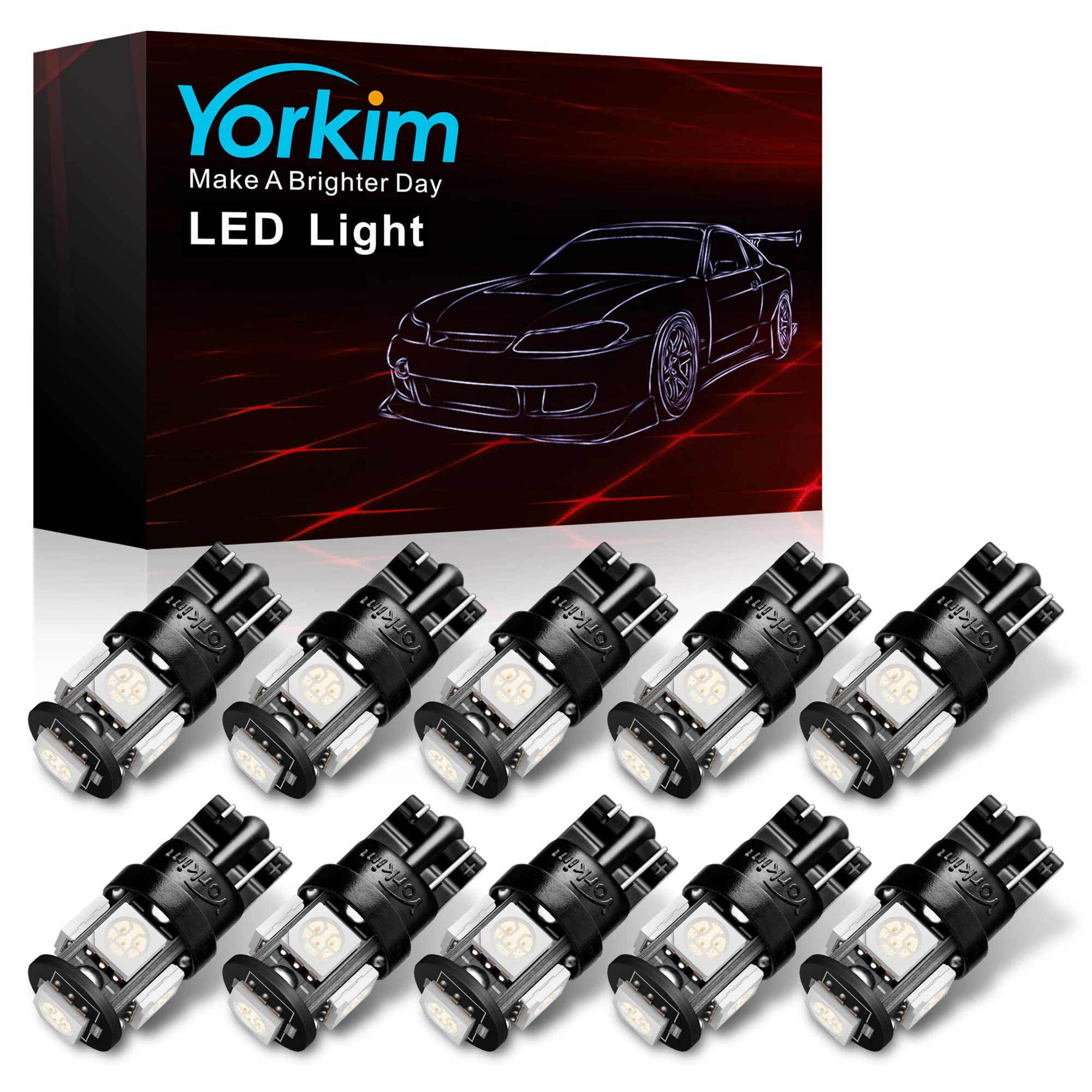 Yorkim 194 LED Bulbs Green Super Bright New 5th Generation, T10 168 LED Bulbs for Car Interior Dome Map Door Courtesy License Plate Lights W5W 2825, Pack of 10
