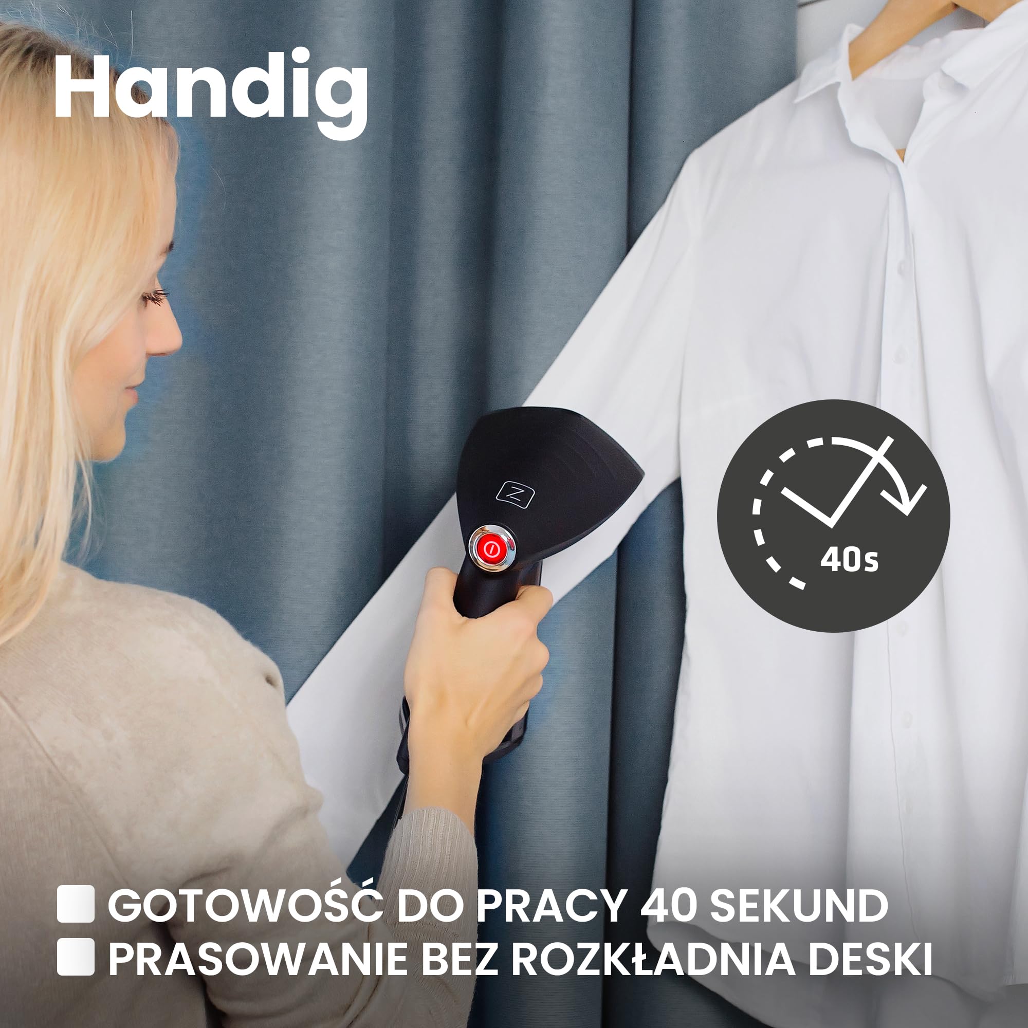 ZEEGMA Handig Parownica (steamer) do ubrań, 1500 W, 40 sekund przygotowania, 30 g/min, przewód - 2,5 metra, możliwość pionowego i poziomego prasowania, praktyczna torba w zestawie