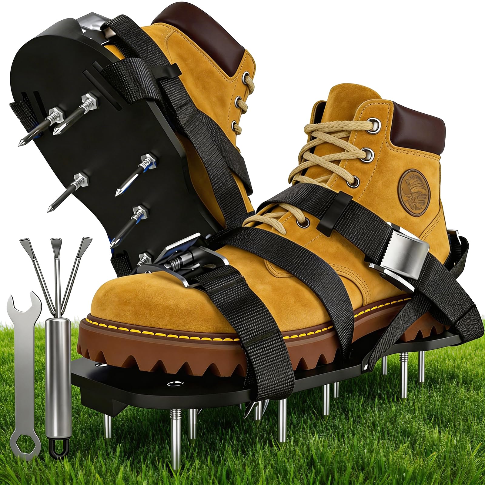 Lawn Aerator Shoes Upgraded Heavy Duty Metal Buckle Soil Spike Aerating Shoe Adjustable Straps Universal Size Scarifier Mud Shovel Lawns Tool for Yard Patio Garden, Nail 2.24"/5.7cm (Black)