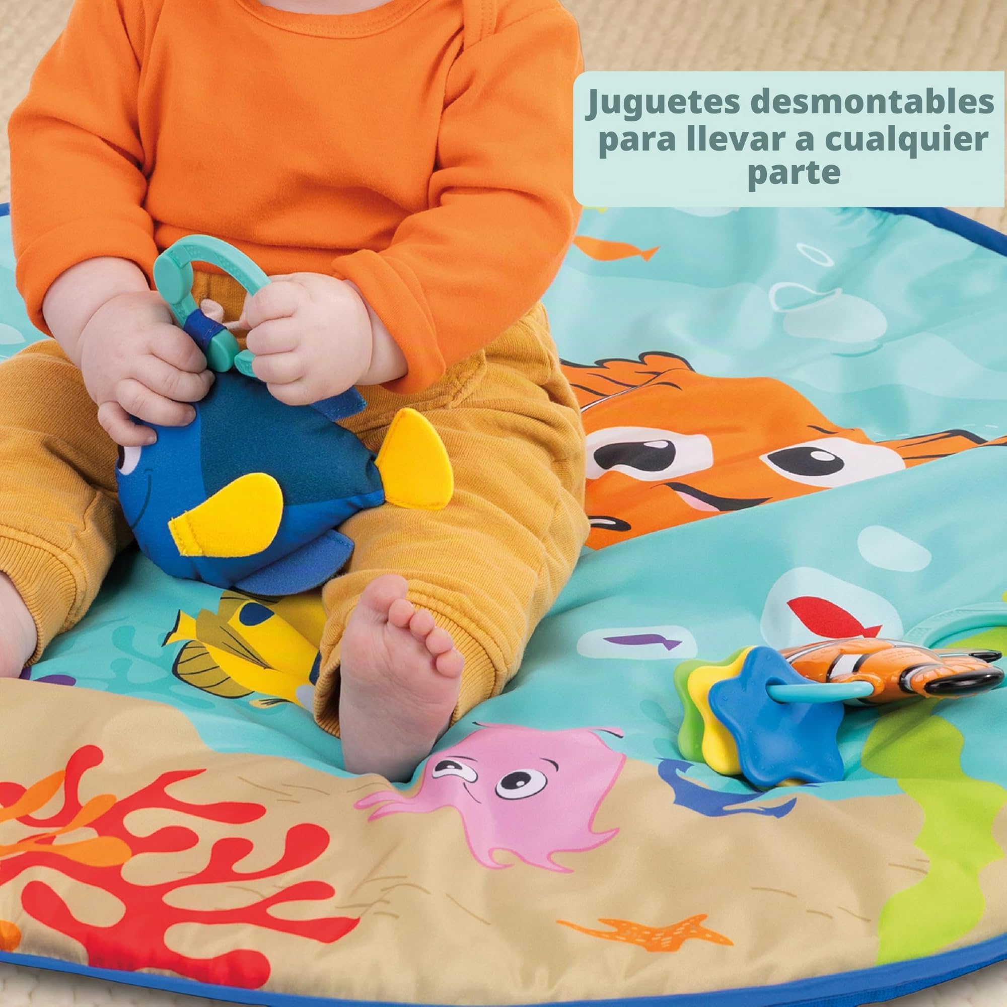 Bright Starts, Disney Baby, Gimnasio y Manta de Actividades para bebé Buscando a Nemo - 20+ min de luces y música, arco de juego, 5 juguetes extraíbles, desarrollo motriz, azul, desde recién nacido