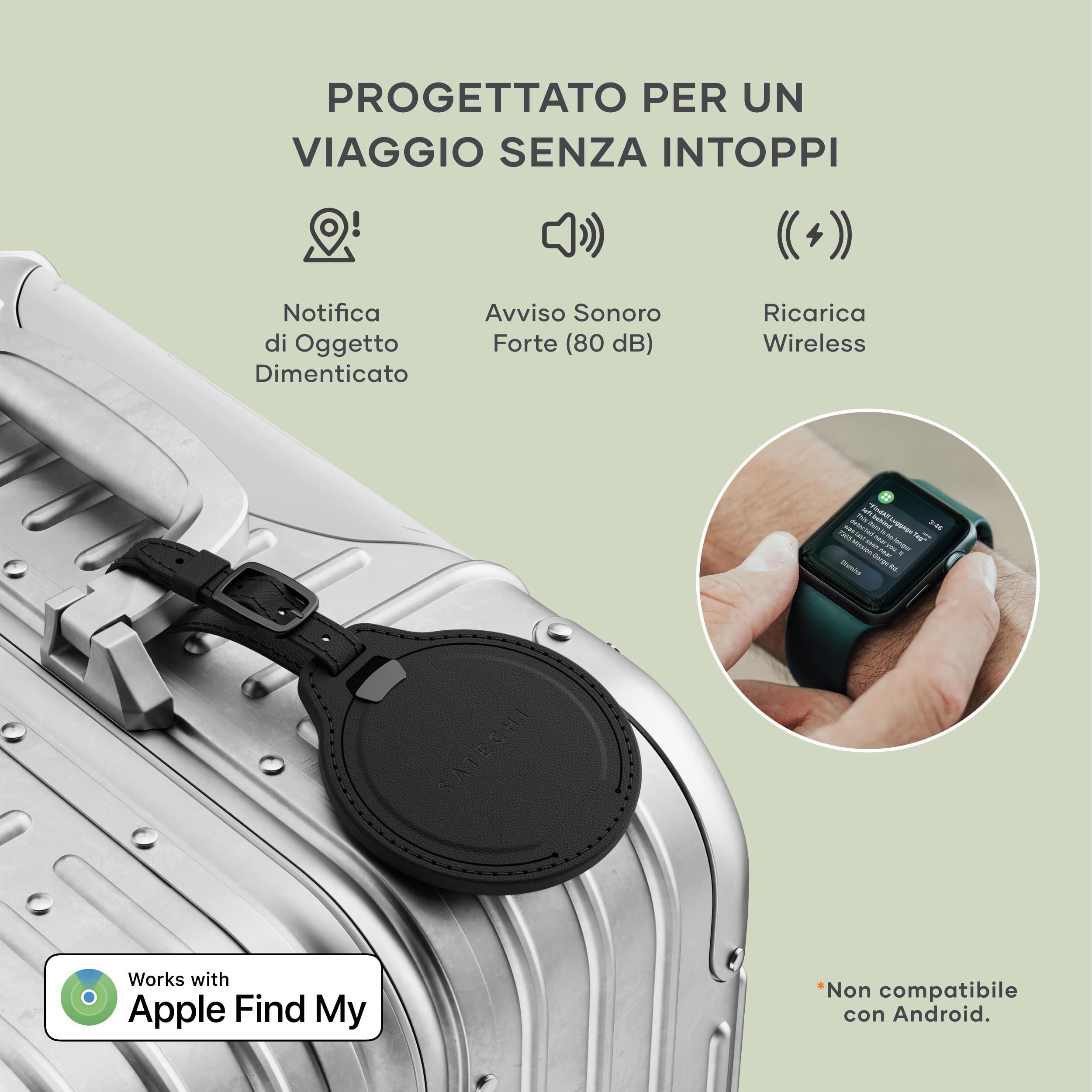 SATECHI FindAll GPS Tracker per Valigie, Apple Find My, Nero | Localizzatore Bluetooth, ricarica wireless, compatibile TSA, avvisi di smarrimento potenti, per iPhone, iPad, Mac