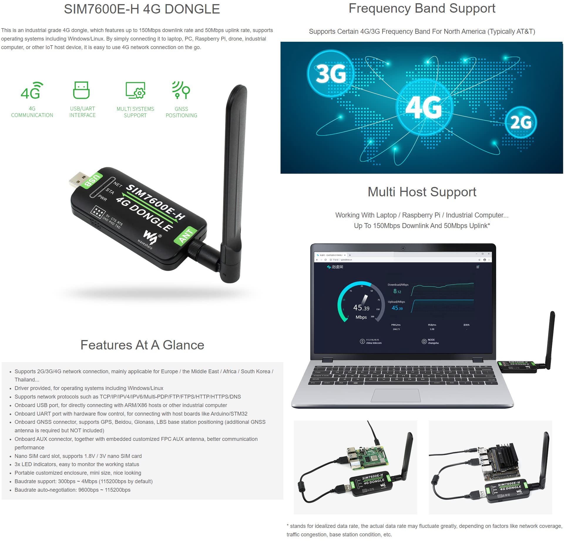 Waveshare SIM7600E-H 4G DONGLE with Antenna for Industrial Grade 4G Communication and GNSS Positioning Peripheral
