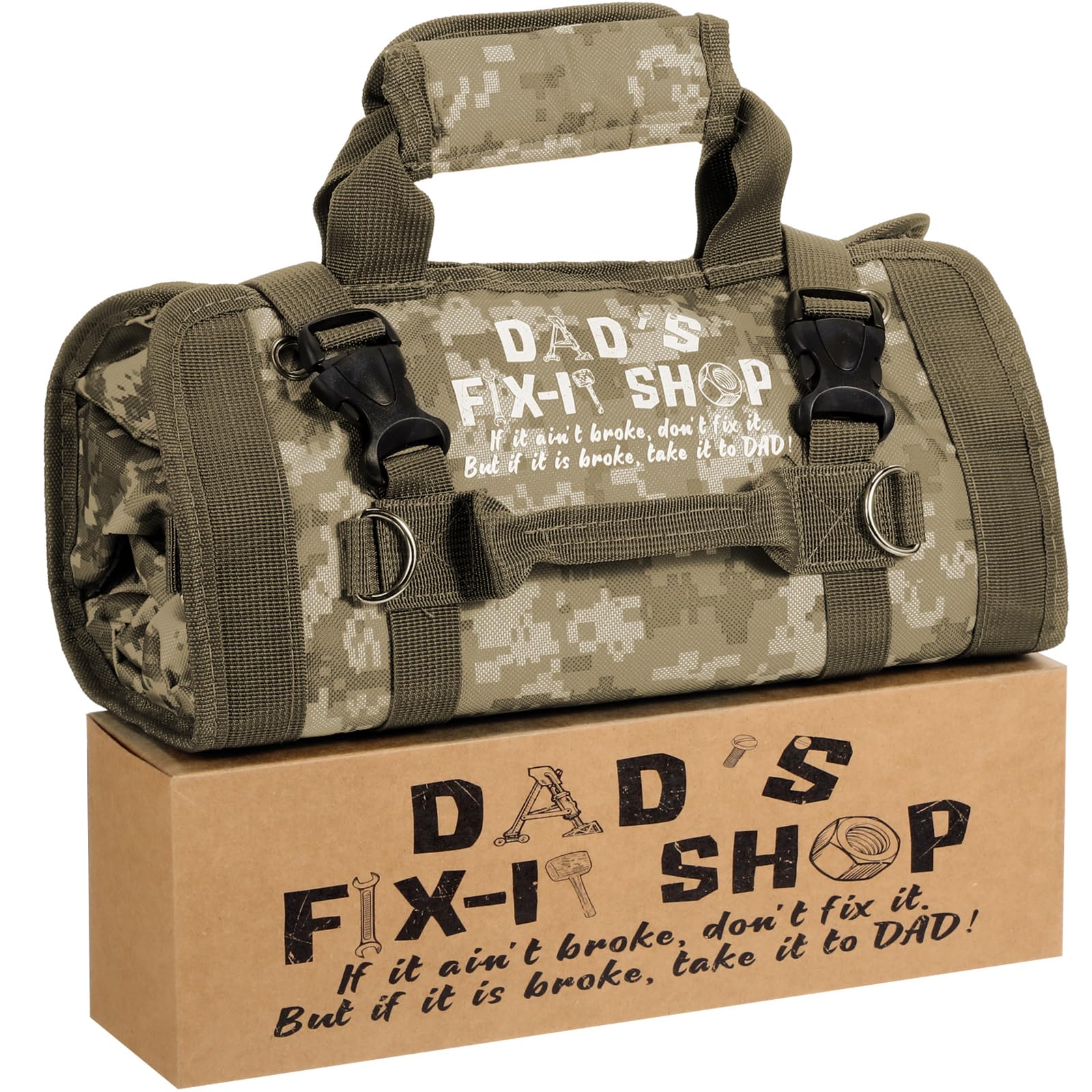 Sweetude Roll up Tool Bag and Kraft Paper Box Set for Dad Christmas Gifts Heavy Duty Portable Tool Bag with Shoulder Strap and 2 Detachable Pockets