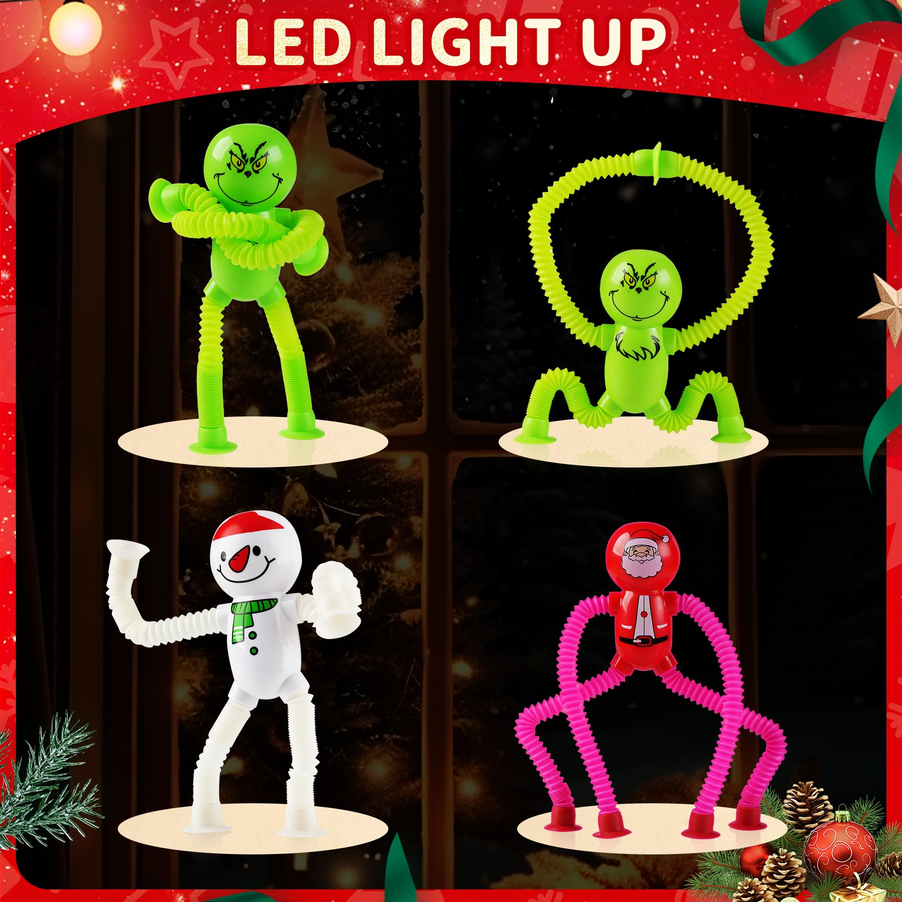 Condition photo showing New/Like New for 4Pcs Christmas Pop Tube Sensory Toys,Grenn Monster Telescopic Suction Fidget Toys for Kids Toddler with ADHD or Autism,Christmas Stocking Stuffers Party Favors Gifts Idea for Boys Girls