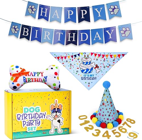 Pacific Pups - Juego de decoraciones de cumpleaños para perro, sombrero de cumpleaños para perro, bandana de cumpleaños para perro, juguete