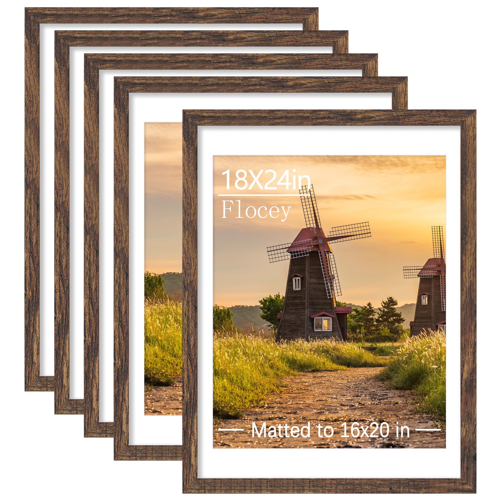 Photo 1 of Flocey 18x24 Picture Frame Set of 5, Rustic Brown Poster Frame, Display Pictures 16 x 20 with Mat or 18 x 24 Without Mat for Horizontal or Vertical Wall Mounting, Wall Gallery Frame for Artwork
