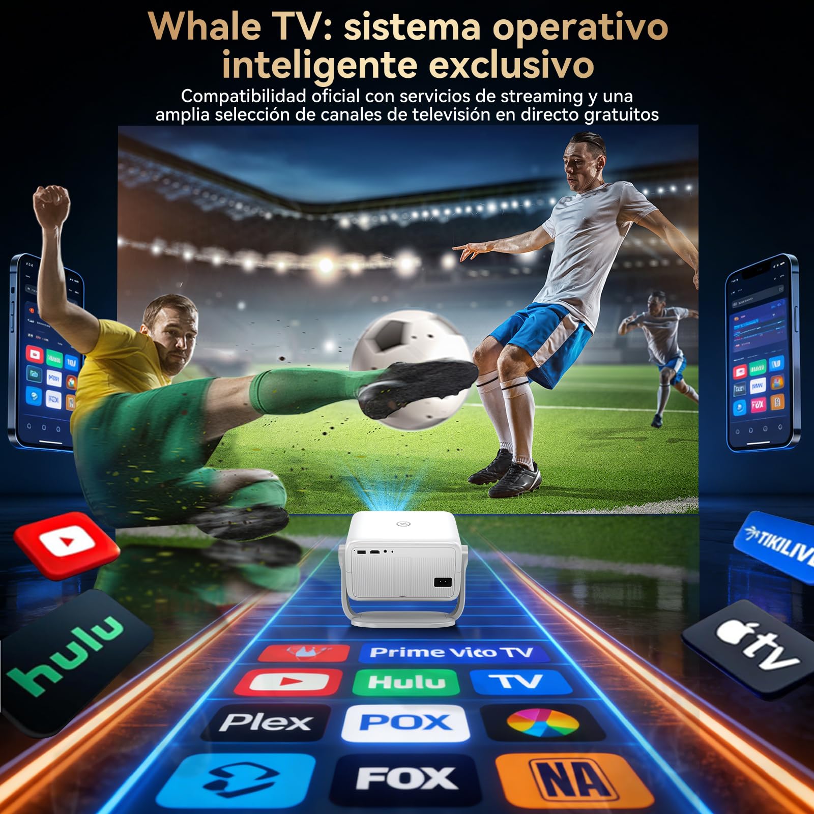 Proyector Portatil 4K con Compatible Netflix y Soporte de 360°, Enfoque y Corrección Trapezoidal Automática, WiFi 6 Ultra Rápido, Bluetooth, Cine en Casa para Smartphone/PS5/Laptop