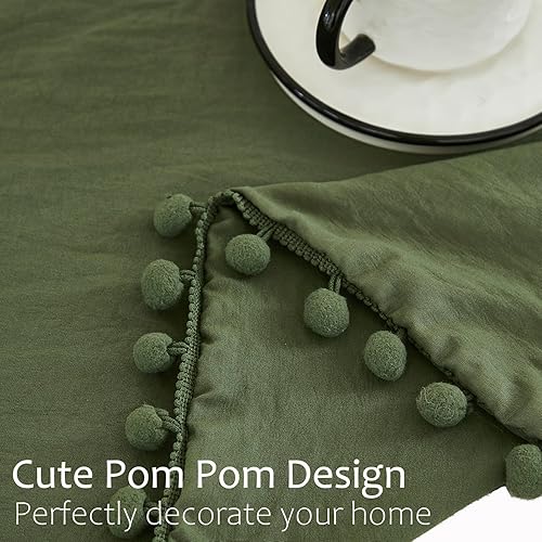 Miniatura 5 de Juego de 2 fundas de almohada de color verde oliva, 100% microfibra lavada, funda de almohada con flecos de bola verde oscuro, paquete de 2
