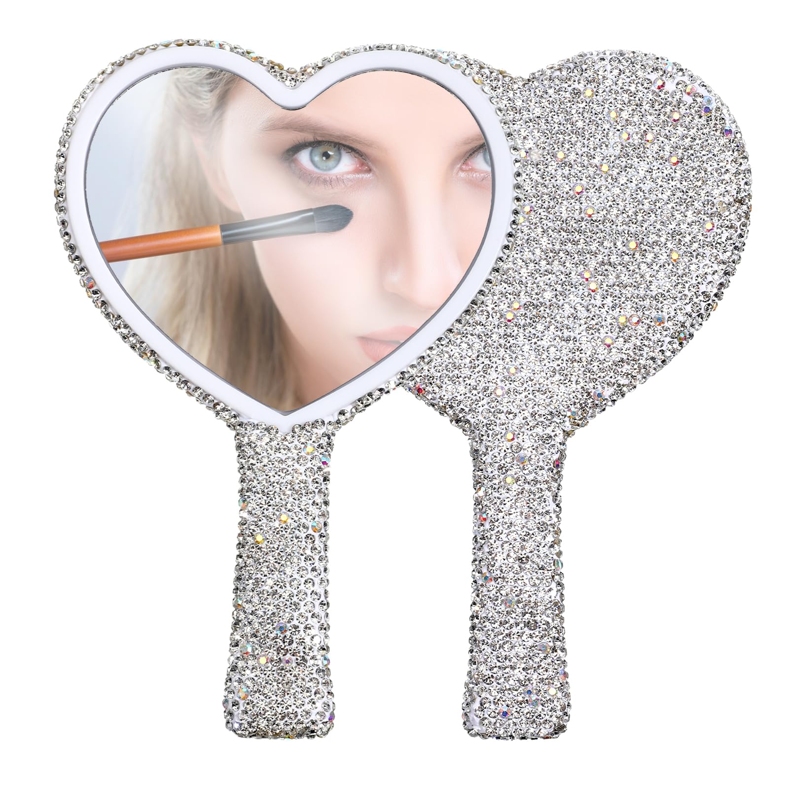 Rhinestone Handheld Mirror, Heart Shaped Hand Mirror Glitter Cosmetic Portable Cute Travel Makeup Lash for Women Wedding Silver White-image-3