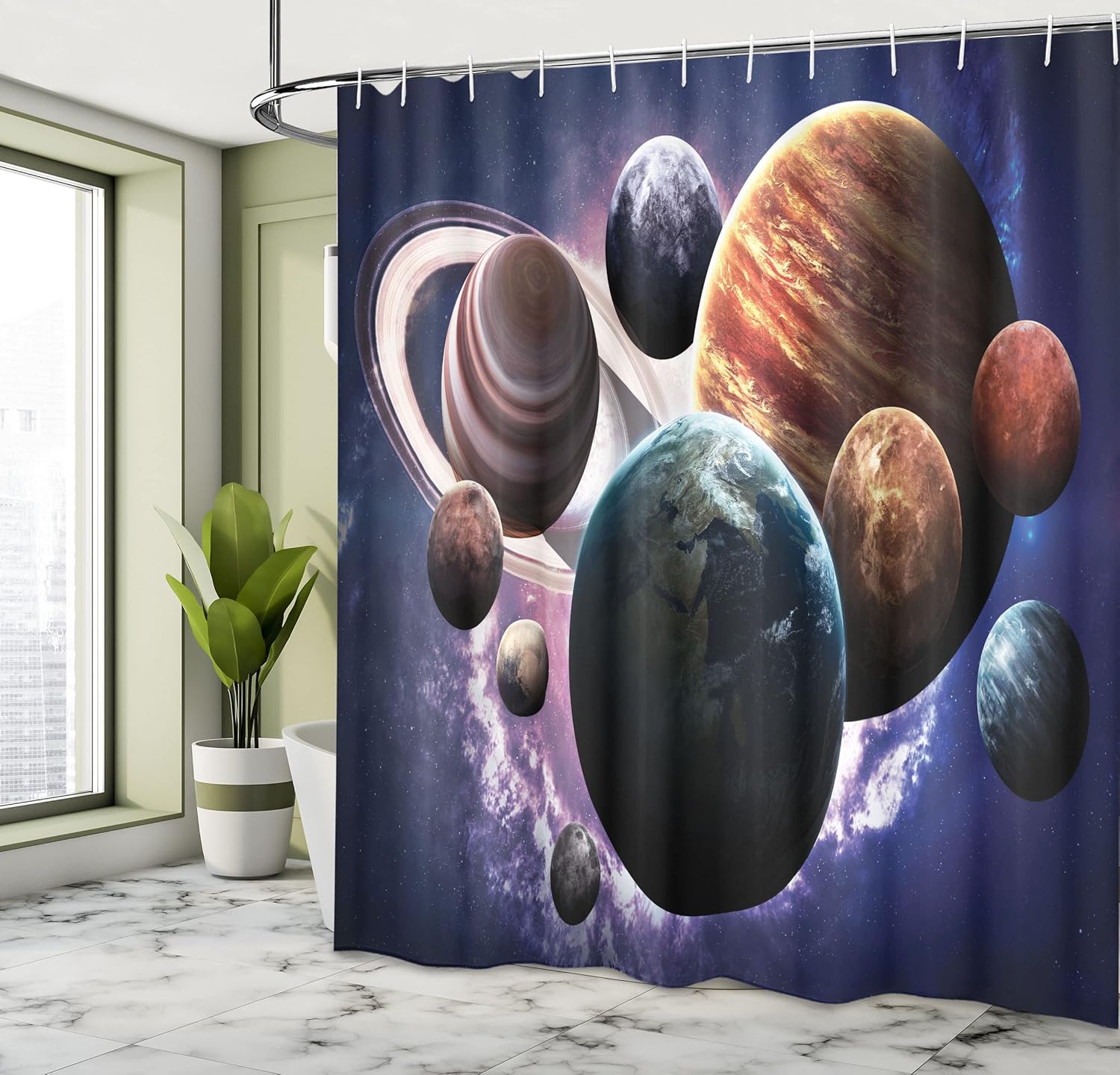 Ambesonne Space Shower Curtain, Solar System Planets All Together in Space Mercury Jupiter Globe Saturn Universe, Cloth Fabric Bathroom Decor Set with Hooks, 69" W x 70" L, Indigo Multicolor