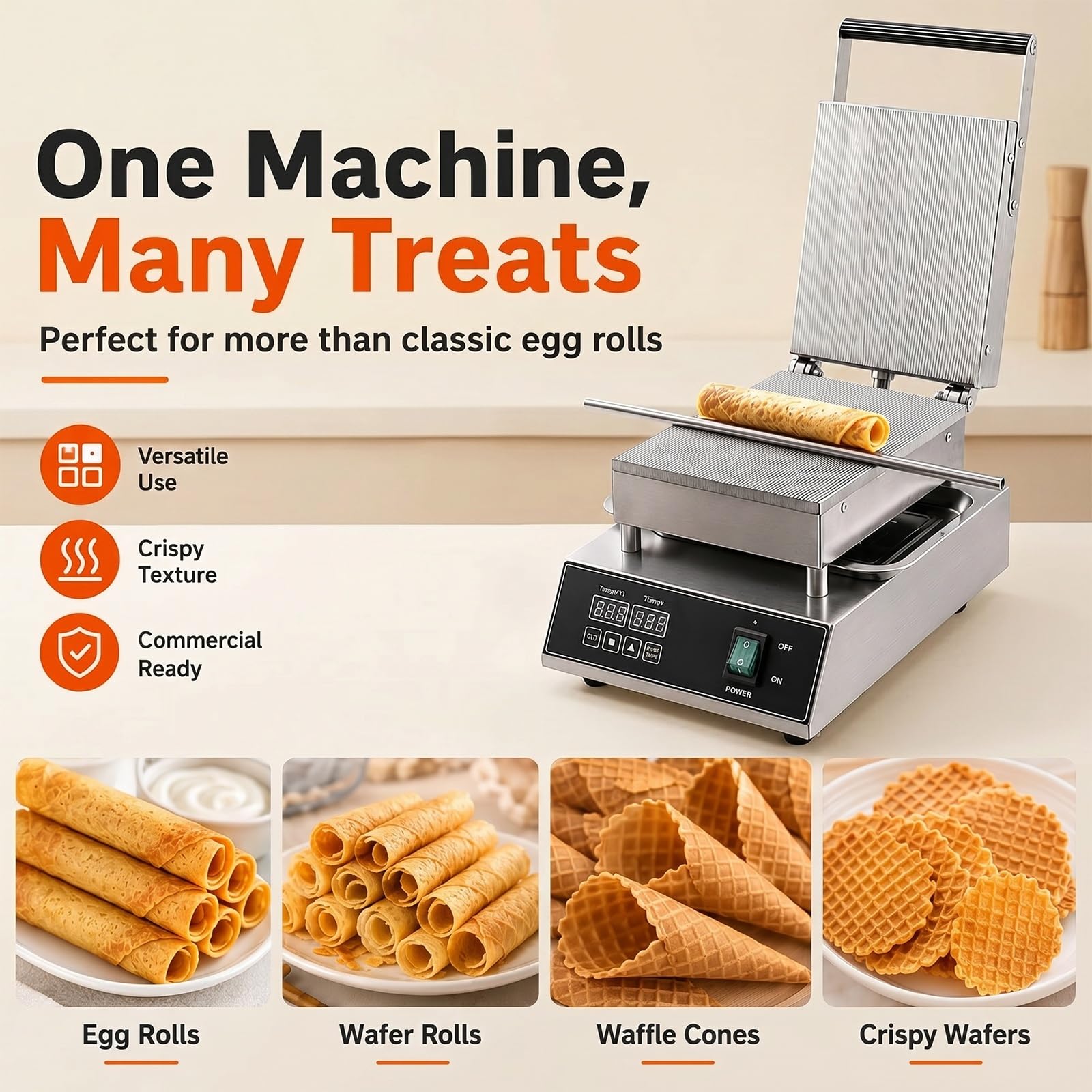 Máquina eléctrica comercial para hacer rollos de huevo, de acero inoxidable, para hacer conos de waffle crujientes, con temporizador de 0 a 9.99 minutos y calentamiento por ambos lados