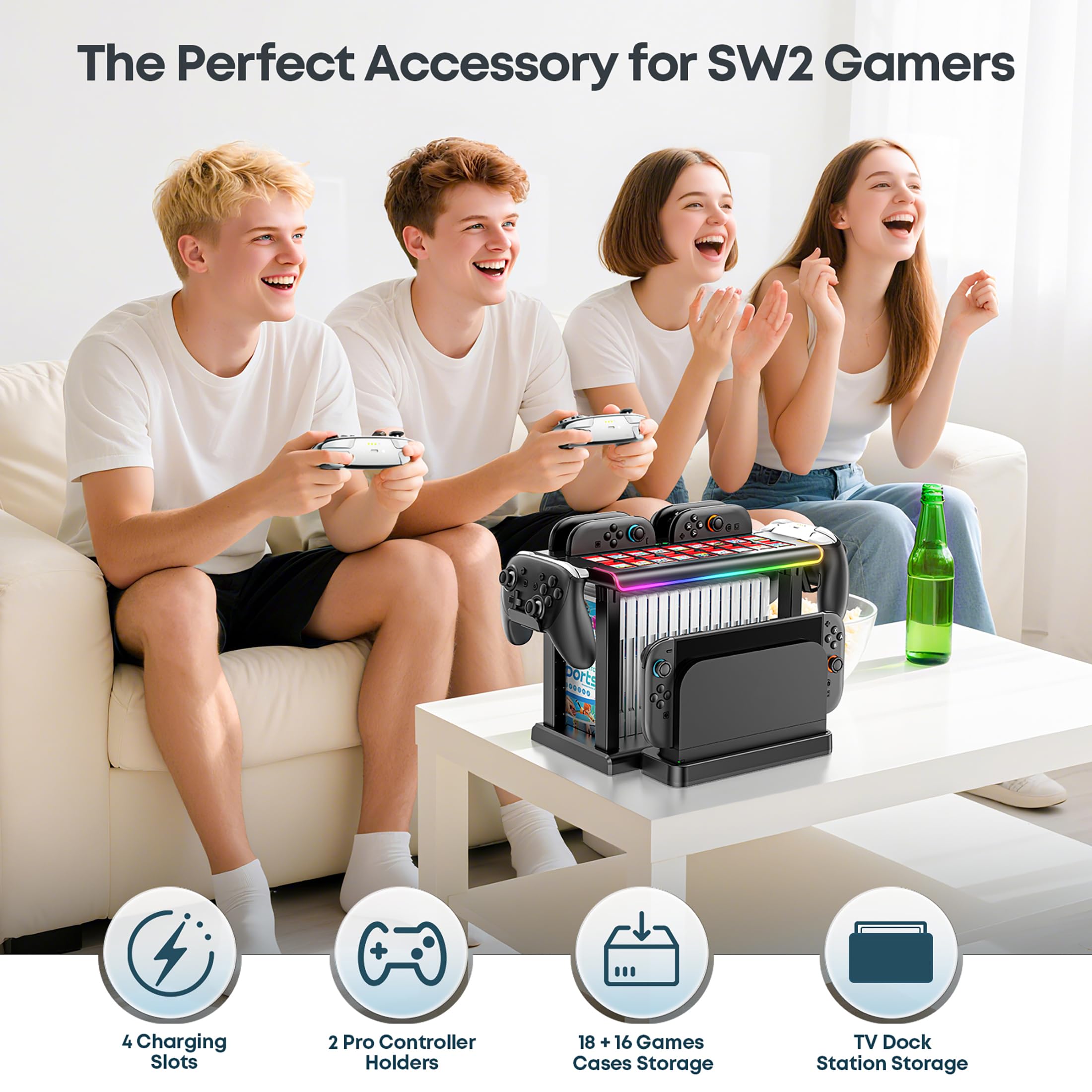 Gersker Station d'organisation Switch 2 avec Chargeur de Manette, Rangement et Organisateur pour Switch 2 (Pas Original/OLED), Station de Charge avec Lumière Ambiante, 18 Fentes pour Cartes de Jeu