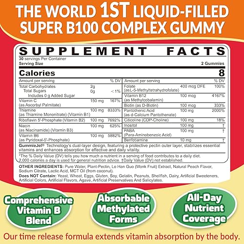 Miniatura 2 de Gomitas de complejo súper vitamina B, todas las vitaminas B, incluyendo metilo B12, B1, B2, B3, B5, B6, biotina, metilfolato con vitamina C, colina,