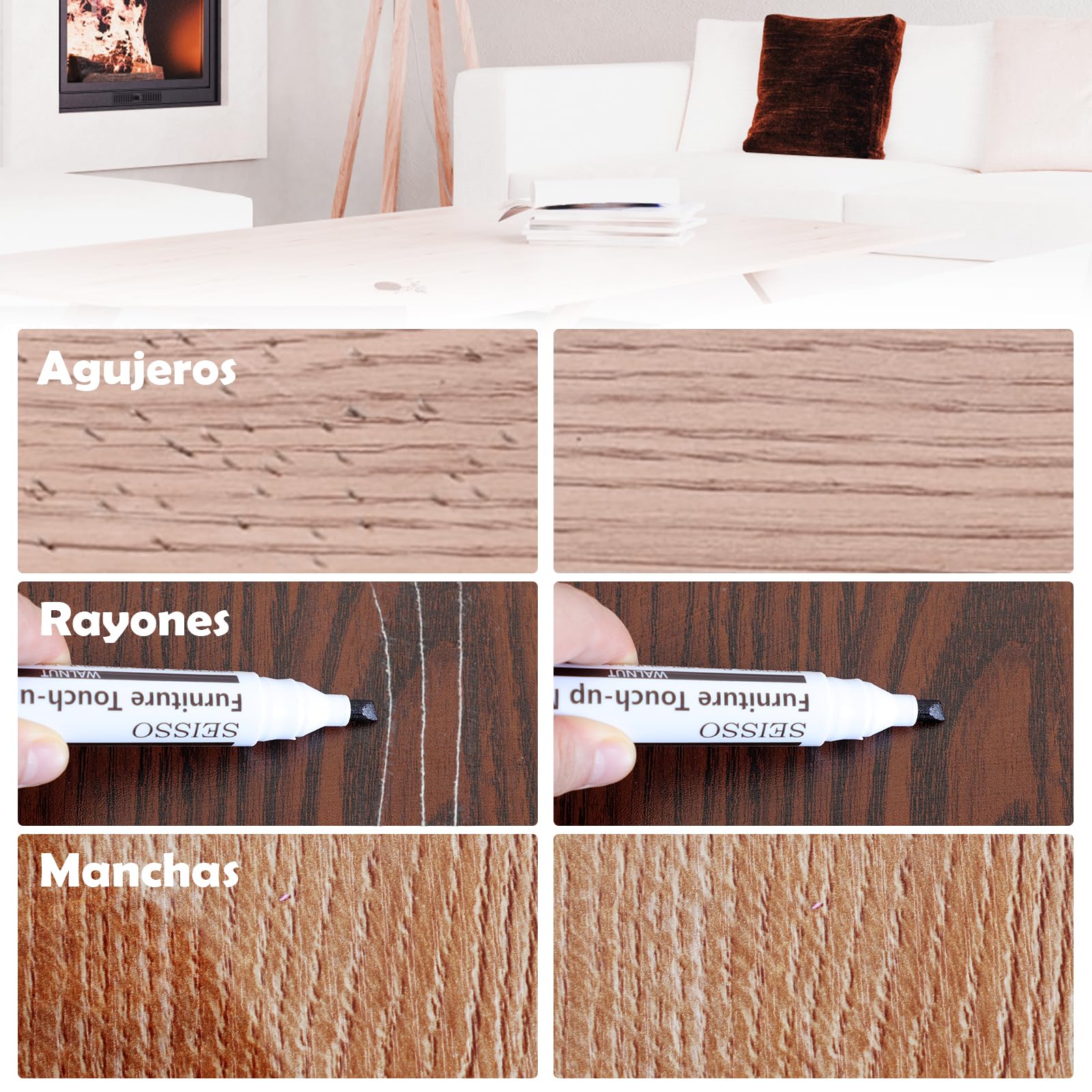SEISSO Wood Furniture Repair Kit de Reparación de Muebles Para Madera y Marcadores de Madera, Juego de 42 Varillas de Cera con Kit de Reparación de Resina