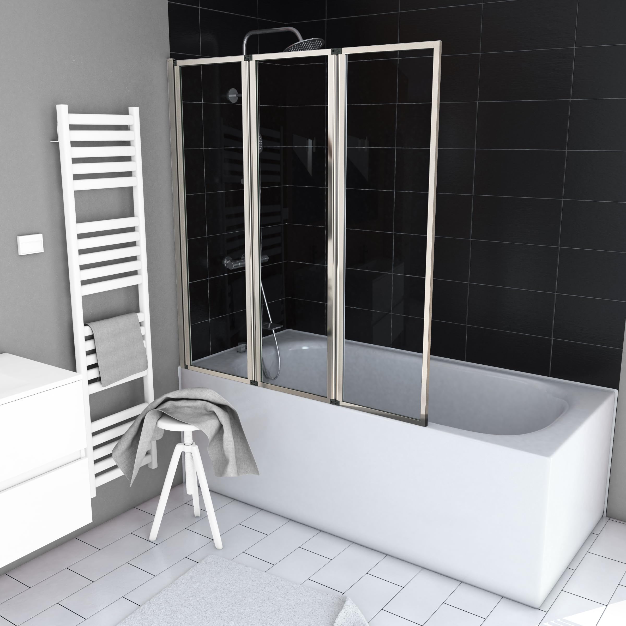 Marwell Triple Chrome ścianka prysznicowa do wanny 125 x 143 cm składana ścianka wannowa chromowana nakładka na wannę z przezroczystym szkłem