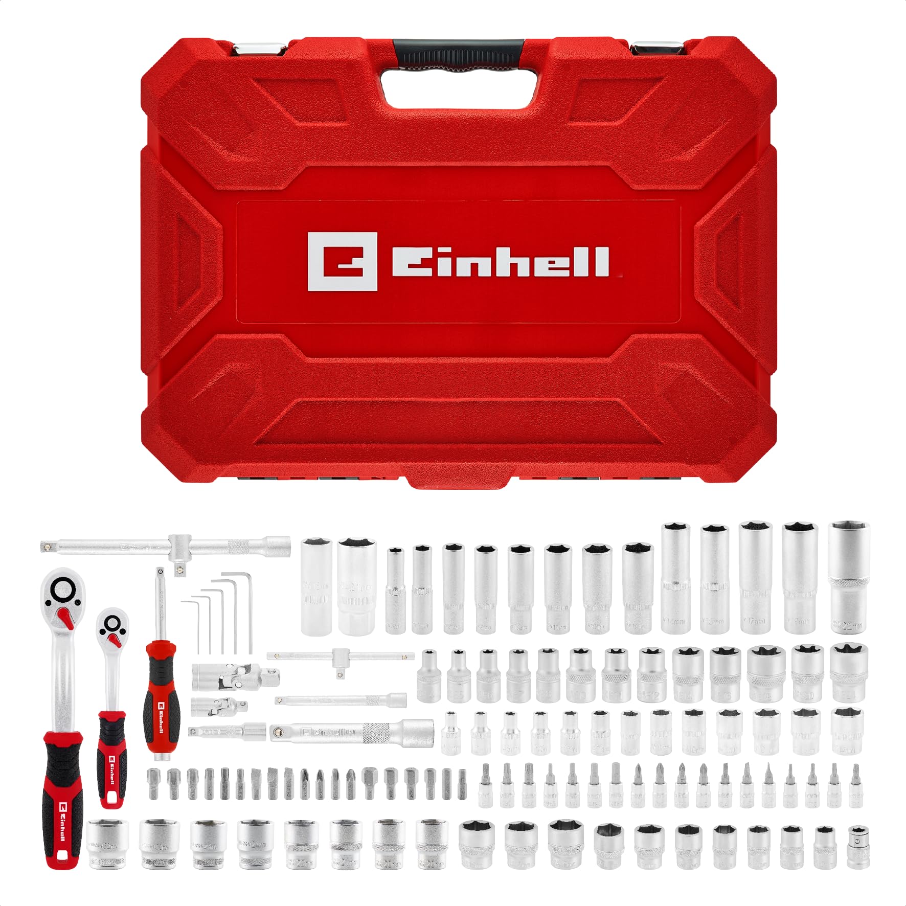 Einhell 110 pezzi set di bussole e cricchetto | Set di bussole | cricchetti | assortimento di inserti | impugnatura per cacciavite | chiavi esagonali | valigetta inclusa