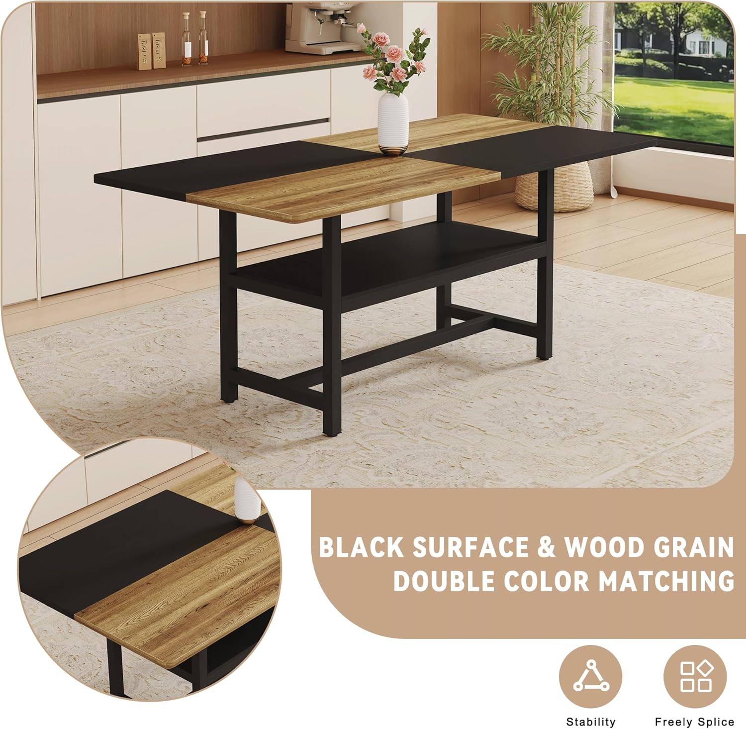 71'' Dining Room Table for 8 - Farmhouse Dining Table with Storage Shelf,Black and Wood Splicing Tabletop with Storage Shelf, Dinner Table Ideal for Kitchen, Dining Room