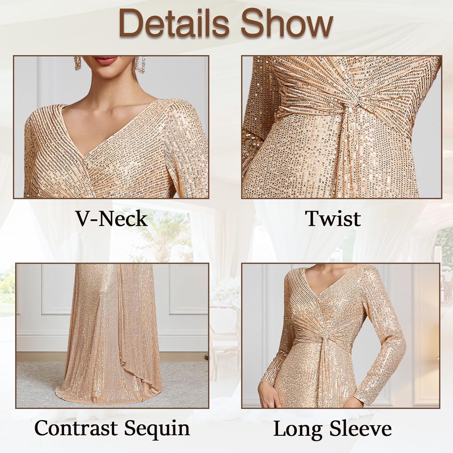 V-Neck Maxi Formal Dress with Long Sleeve, Sequin & Knot, A-Line Embroidered Evening Gown for Party, Prom & Cocktail - Image 6