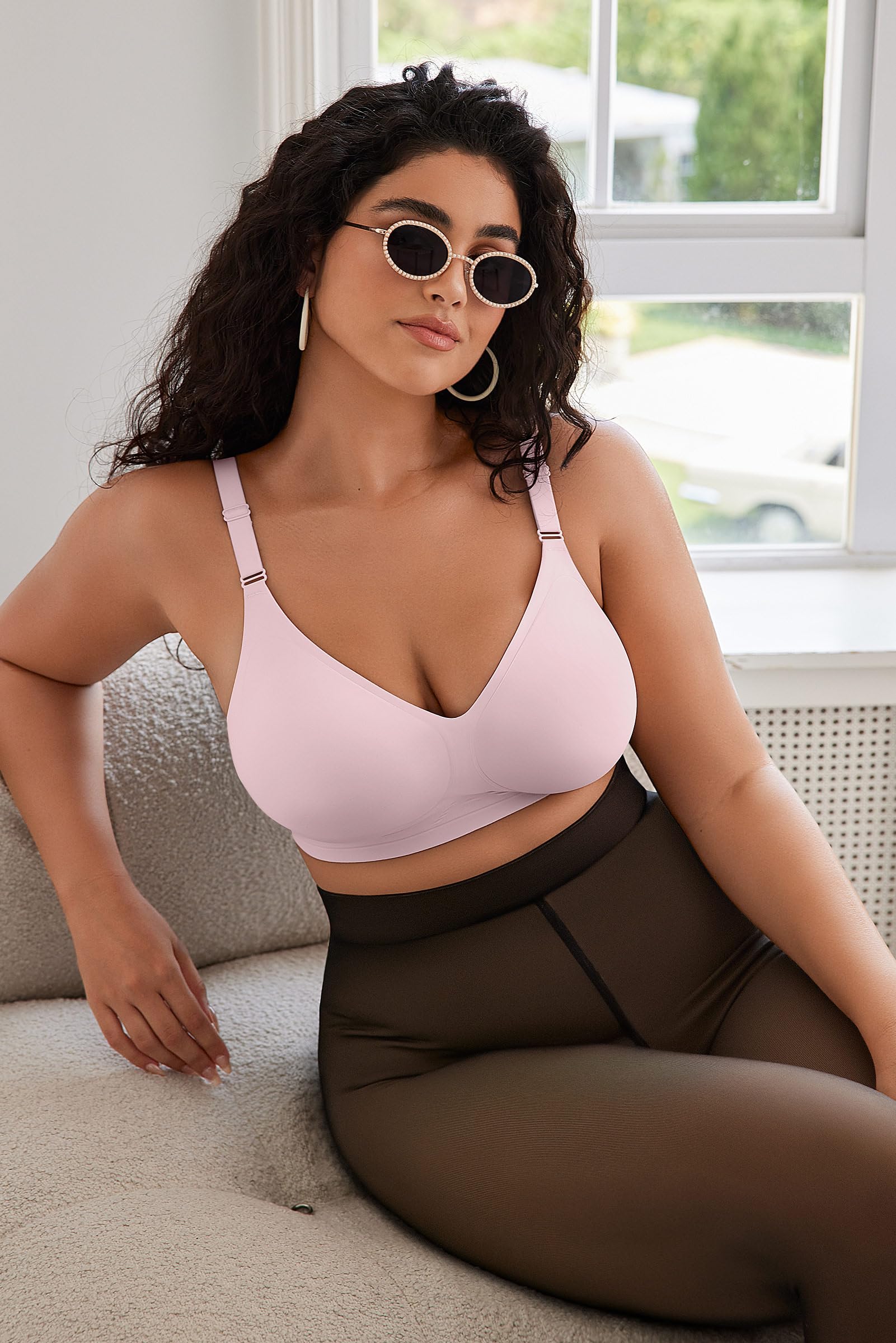 OEAK Damen BH Ohne Bügel Push Up Nahtloser V-Ausschnitt Bra Bügelloser Gepolstert Glatter Bustier Tshirt Schlaf BHS mit zusätzlicher Verlängerung (Rosa,L)