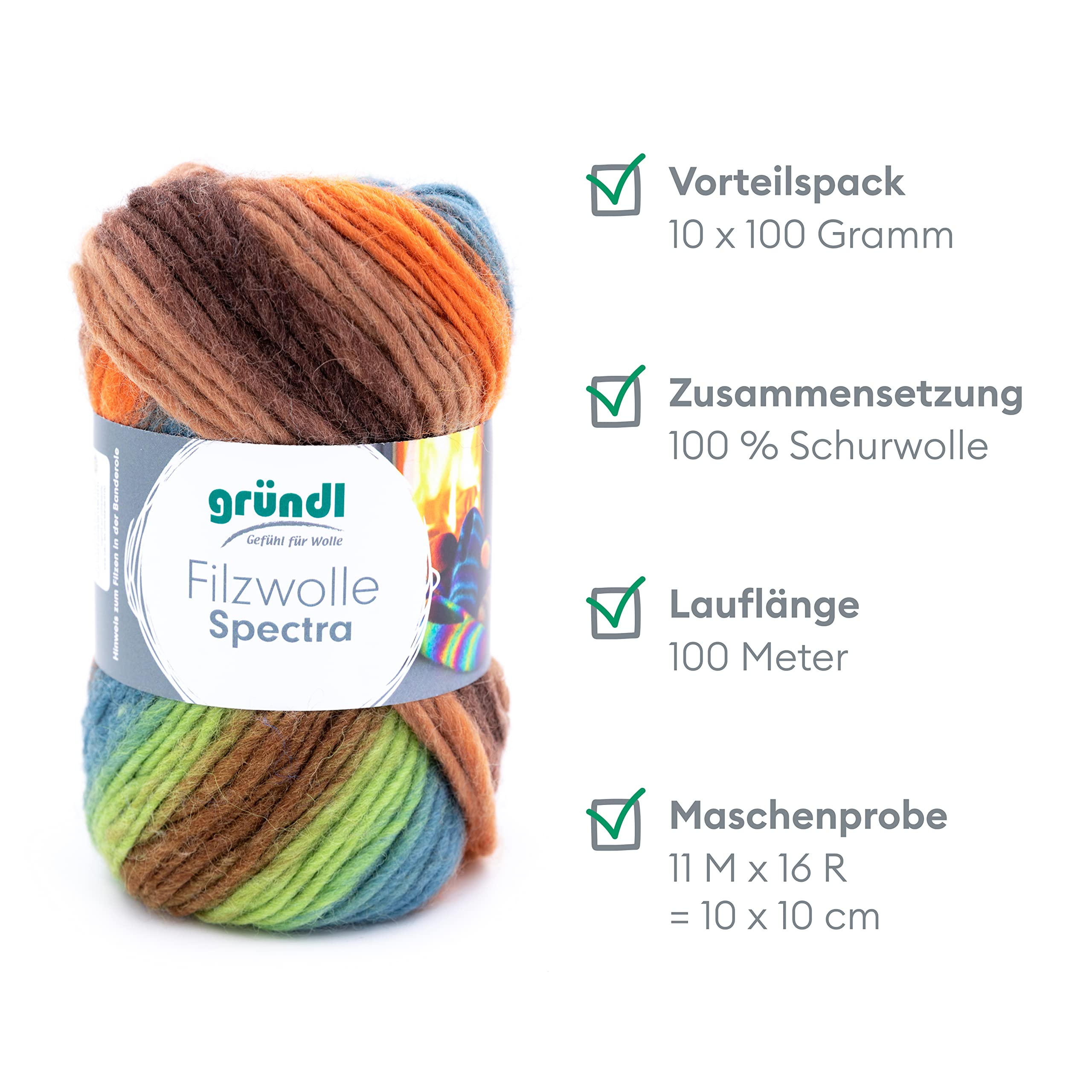 Gründl Wolle Filzwolle Spectra 10 Knäuel 100 g, amazonas multicolor | Dicke Wolle zum Filzen in der Waschmaschine - Strickgarn- Weich und hautfreundlich - 100 % Schurwolle 100 m -Nadelstärke 8-9