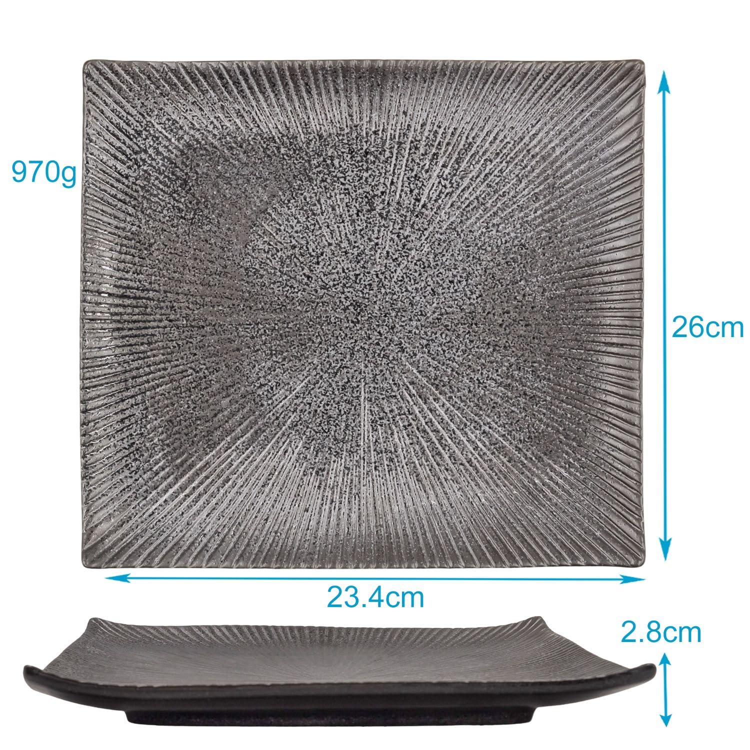 INTIRILIFE 4x Sushi Platte Servier Teller aus Porzellan in Schwarz - 26 x 23.4 x 3.8 cm - Japanisches Sushi Servier Geschirr Handgefertigt Rechteckig