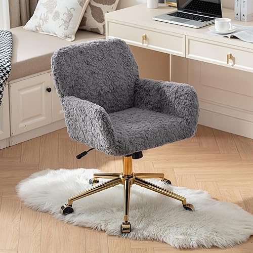 Miniatura 112 de Silla moderna de peluche para oficina en casa, bonita silla de escritorio tapizada con patas de metal dorado, silla giratoria ajustable con ruedas,
