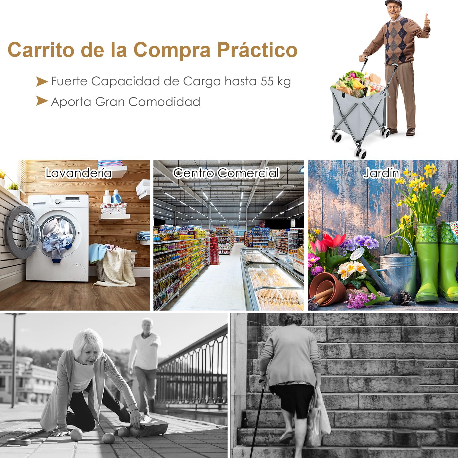 COSTWAY 90L Carro de Compras Plegable con 4 Ruedas y Bolsa de 600D Tela Oxford Extraíble, Carrito para Supermercado, Carga hasta 55 kg, Gris