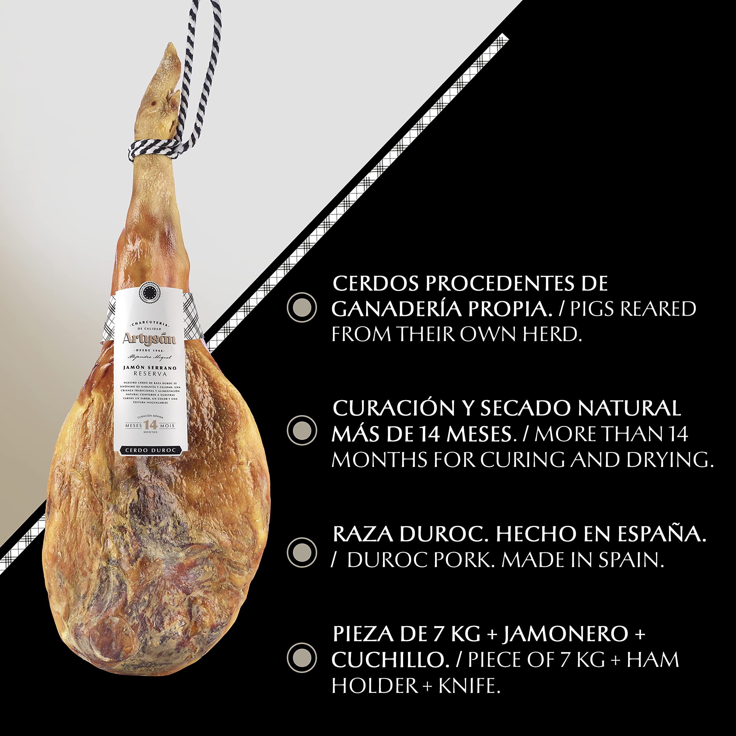 ALEJANDRO MIGUEL EST. 1944 Artysan - Prosciutto Serrano Reserva Duroc | 7 kg circa | Prosciutto + Coltello + Porta Prosciutto | Suini allevati nelle proprie fattorie | Stagionatura > 14 mesi
