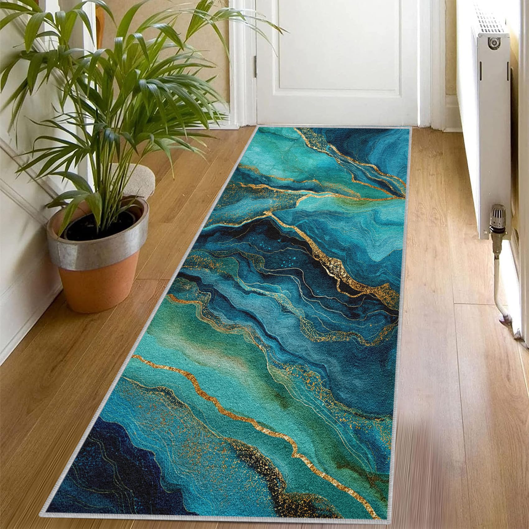 Generisch Türkis Abstrakt Marmor Teppich Läufer 80x200, Modern Luxus Marmor Textur Läufer Flur für Küche Schlafzimmer Wohnzimmer, Küchenläufer Waschbar rutschfest, Kurzflor Teppichläufer （TpO155J）