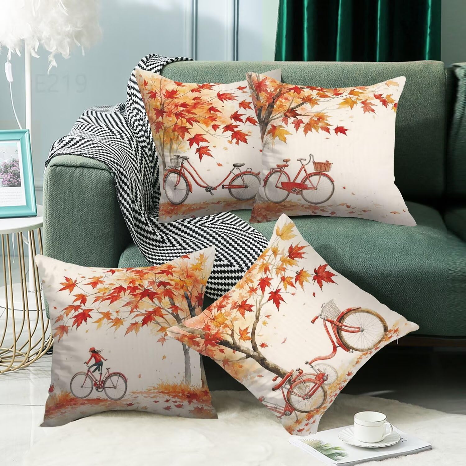 foglia acero Federe Cuscini Divano 60x60cm,4 Pack Bicicletta Estate Esterno Cuscini per Divano,Doppio Lato Quadrato Morbido Cuscini Divano,per Divano Soggiorno Sedia Autunno Dekoration Cuscino LY-219