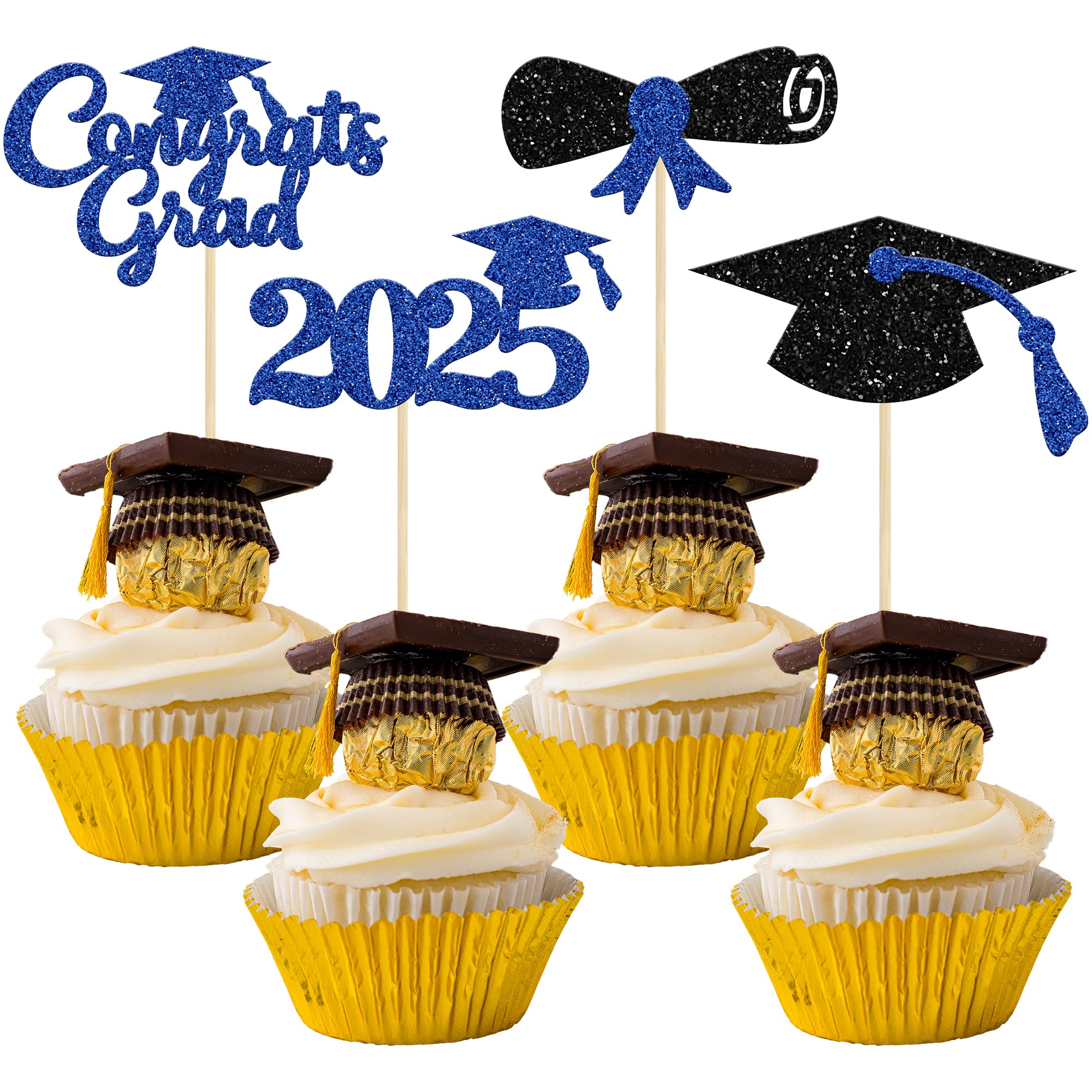 Gyufise 24Pcs 2026 Graduation Cupcake Toppers Blue Glitter Congrats Grad 2026 Diploma Cap Cupcake Picks Class of 2026 Cake Decorations for Grad 2026 Party Cake Decorations Supplies