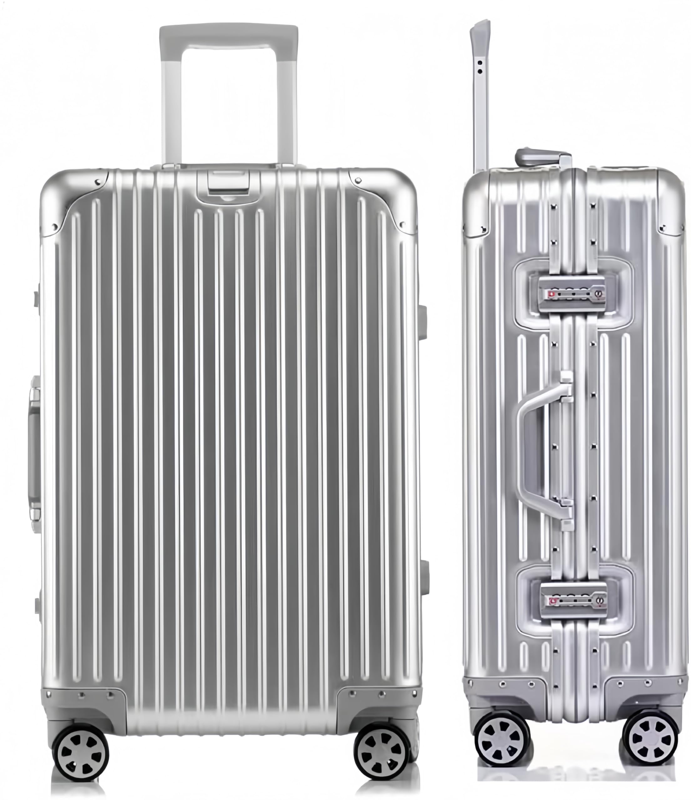 Aoliwei Valigia da viaggio in alluminio, con manico telescopico, TSA, 4 ruote, argento, m, Trolley rigido in alluminio con ruote orientabili