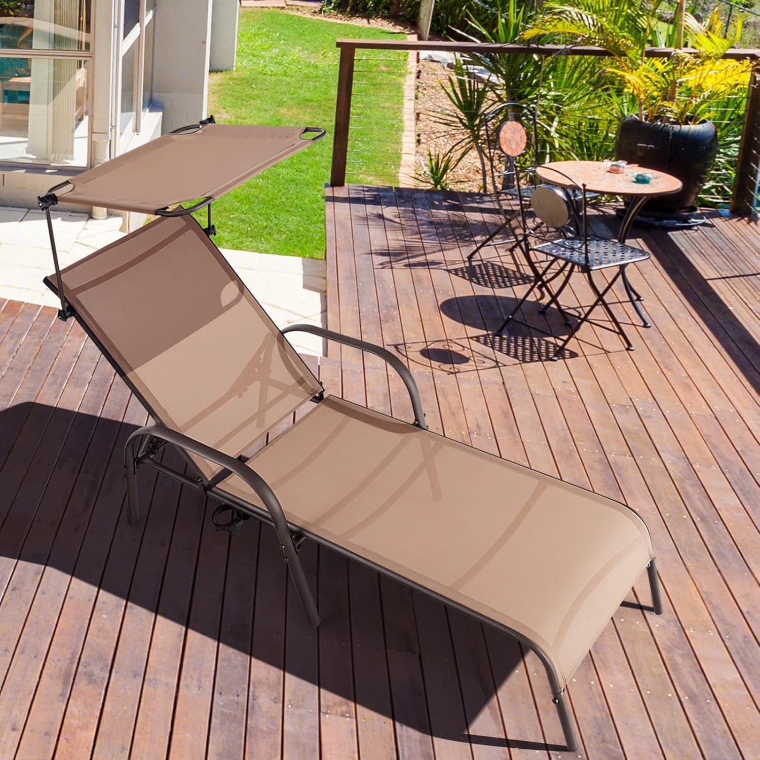 Brown Metal Outdoor Chaise Lounge with Adjustable Canopy and Cup Holder