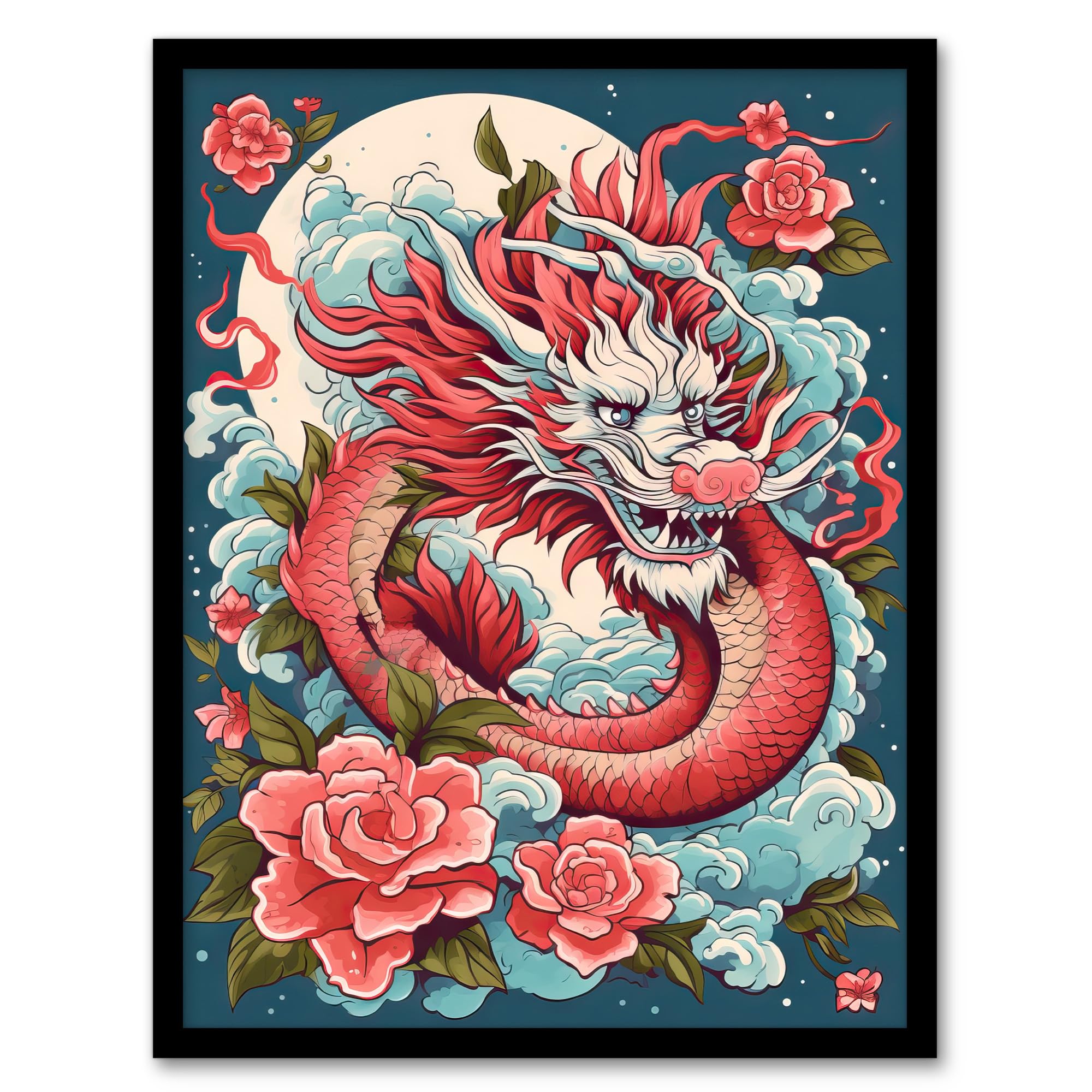 Artery8 Fantasy Dragon Floral Red Blue Roses 2024 Chinese Year Of The Dragon Artwork Framed Wall Art Print A4